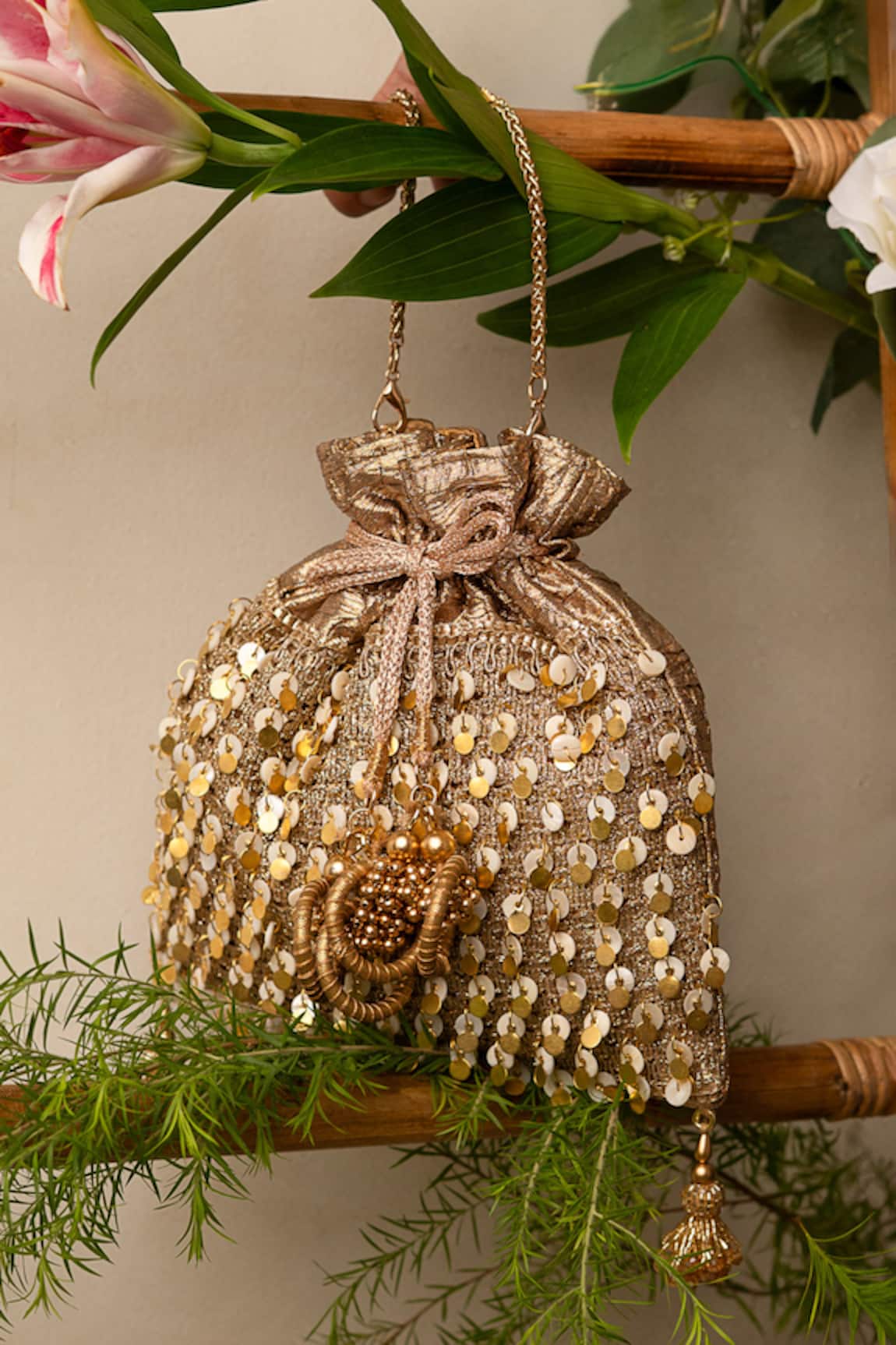 Bhavna Kumar Rose Gold Potli Bag with Sling Chain 