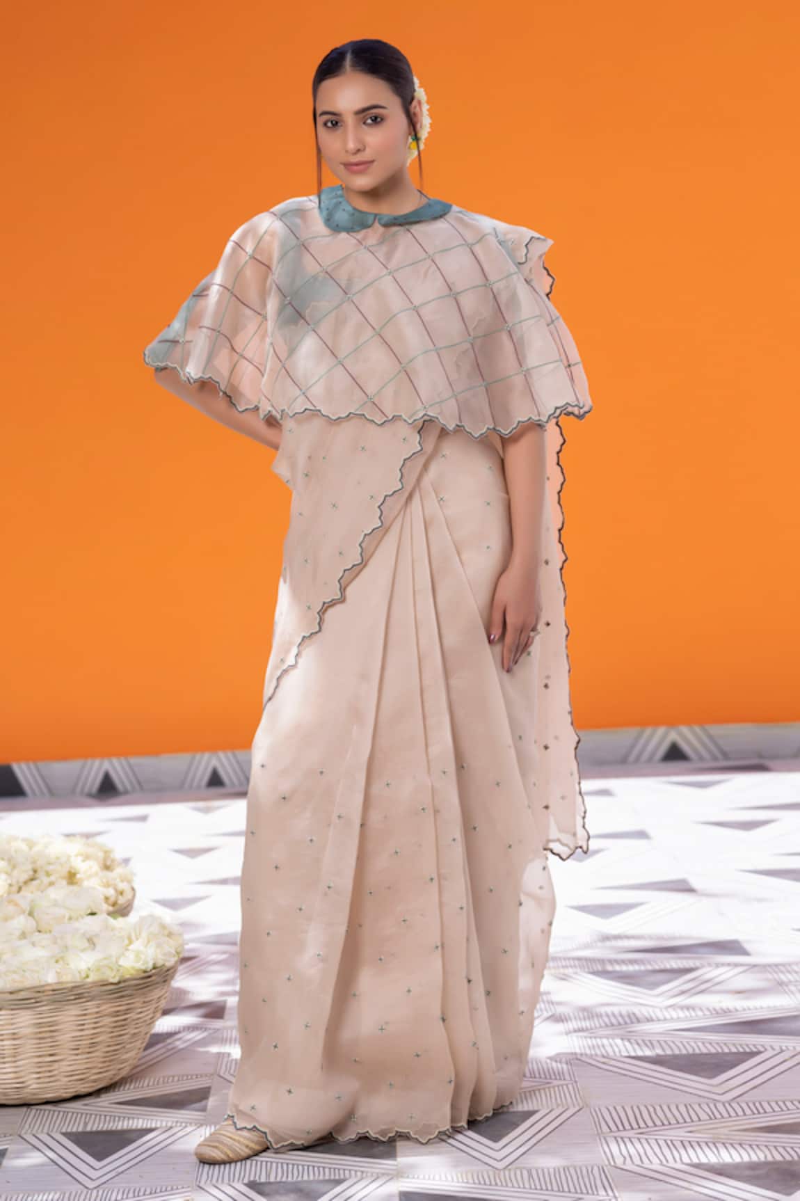 Janki India Ivory Organza Saree Set With Cape 