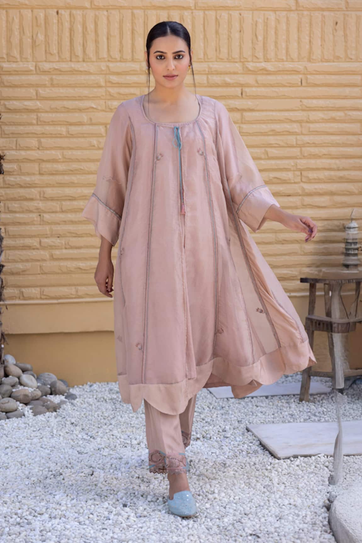 Janki India Rose Gold Organza Embroidered Jacket Set 