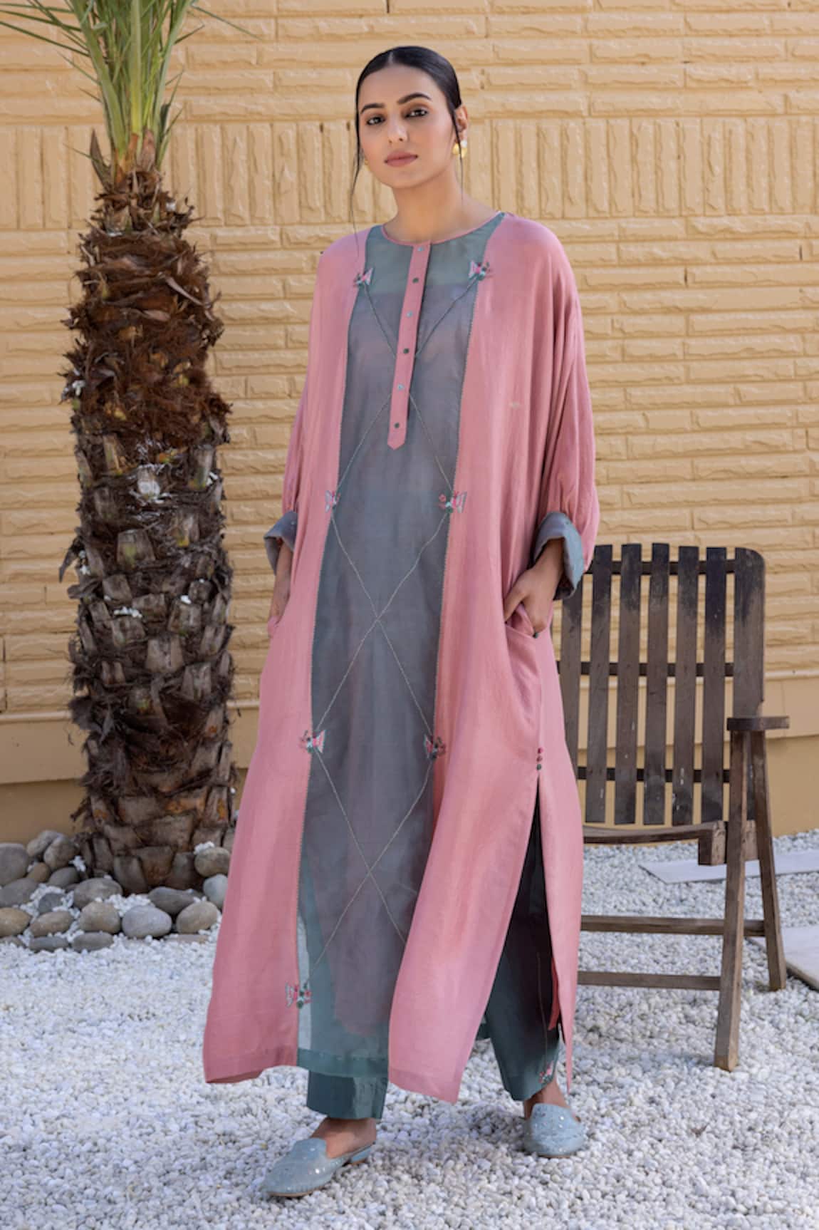 Janki India Baby Pink And Sea Green Organza Silk Kaftan Set 