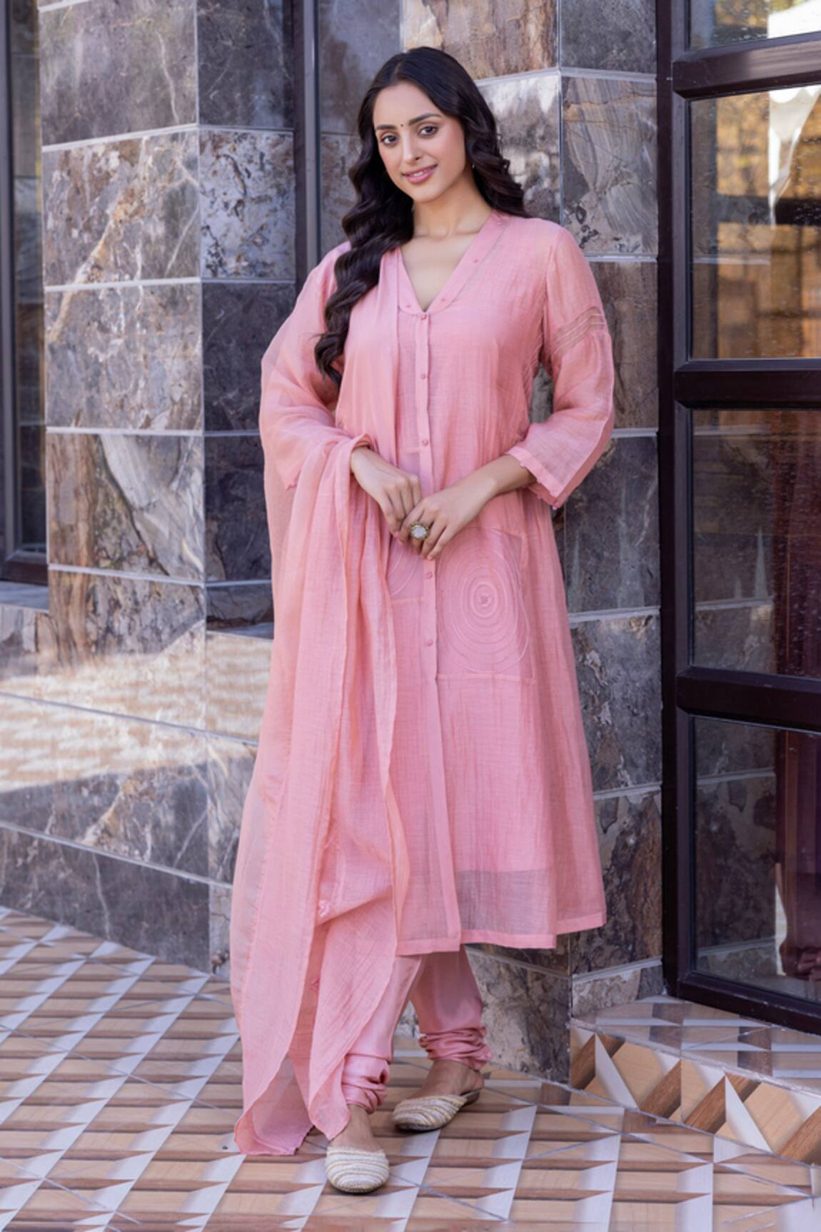Janki India Peach Chanderi Kurta Set 