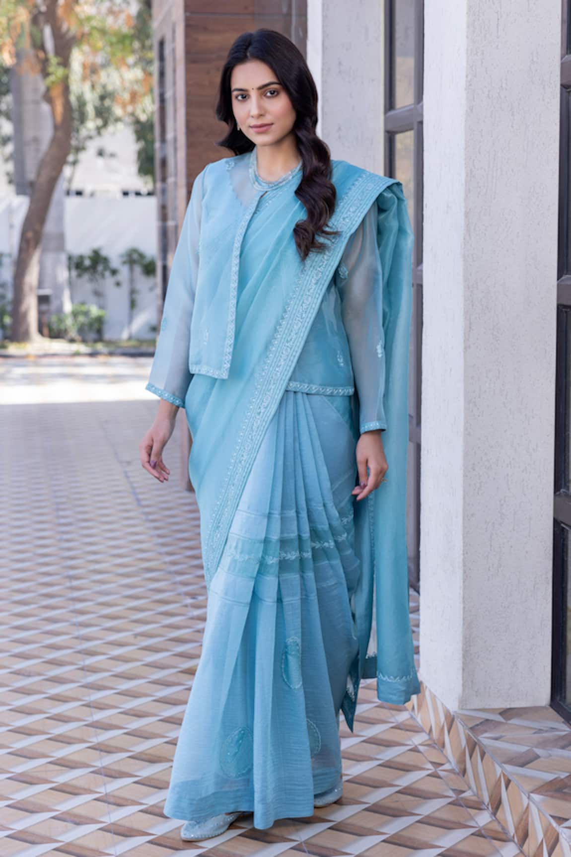Janki India Sky Blue Chanderi Embroidered  Saree With Blouse 