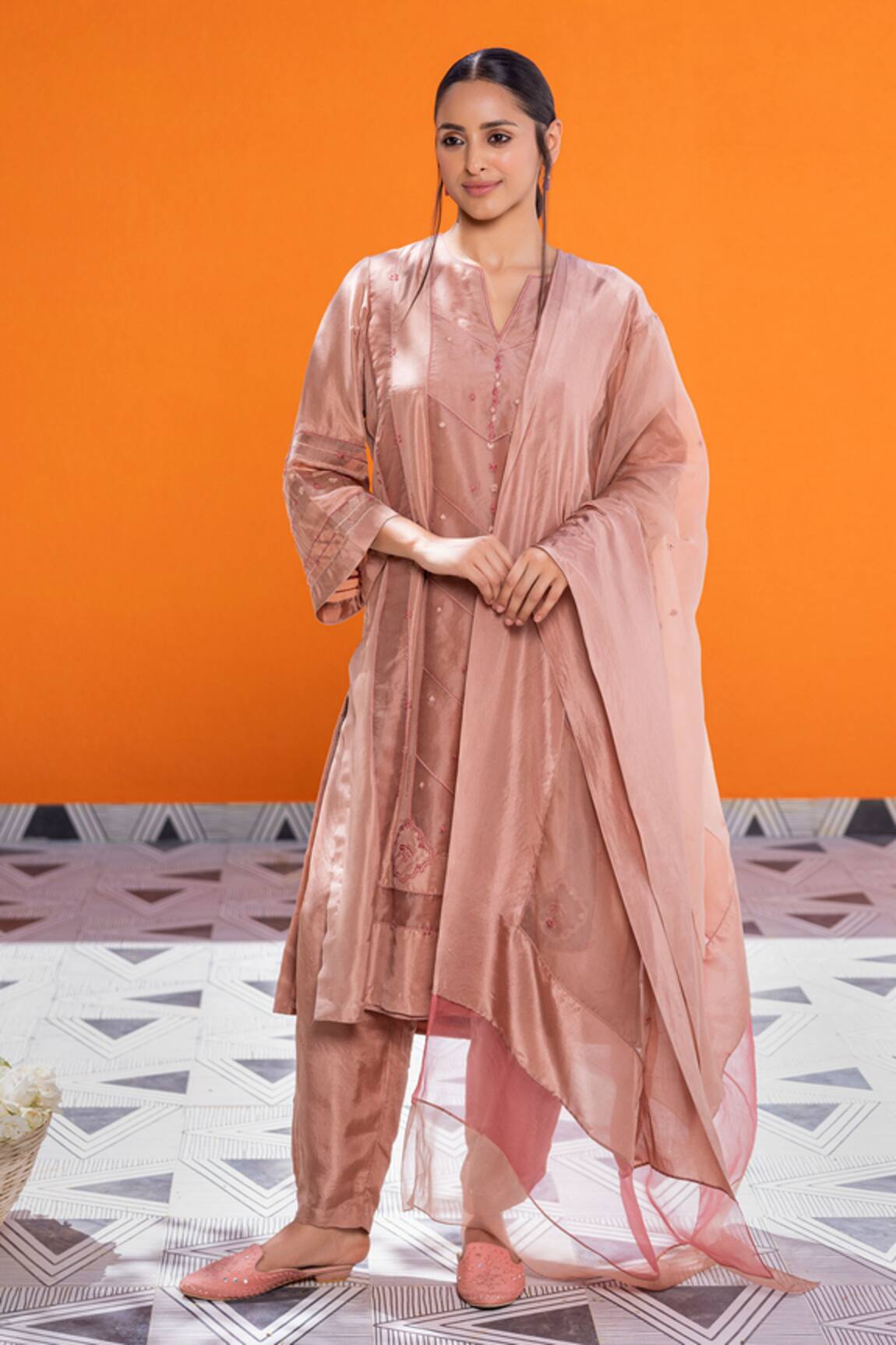 Janki India Rose Gold Silk Embroidered Kurta Set 
