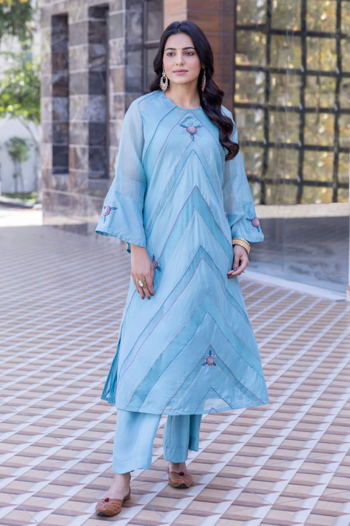 Janki India Sky Blue Organza Silk Kaftan Set 