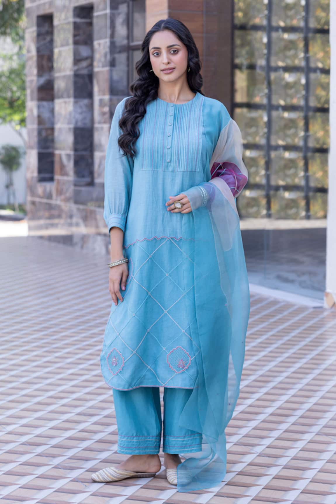 Janki India Sky Blue Chanderi Kurta Set 
