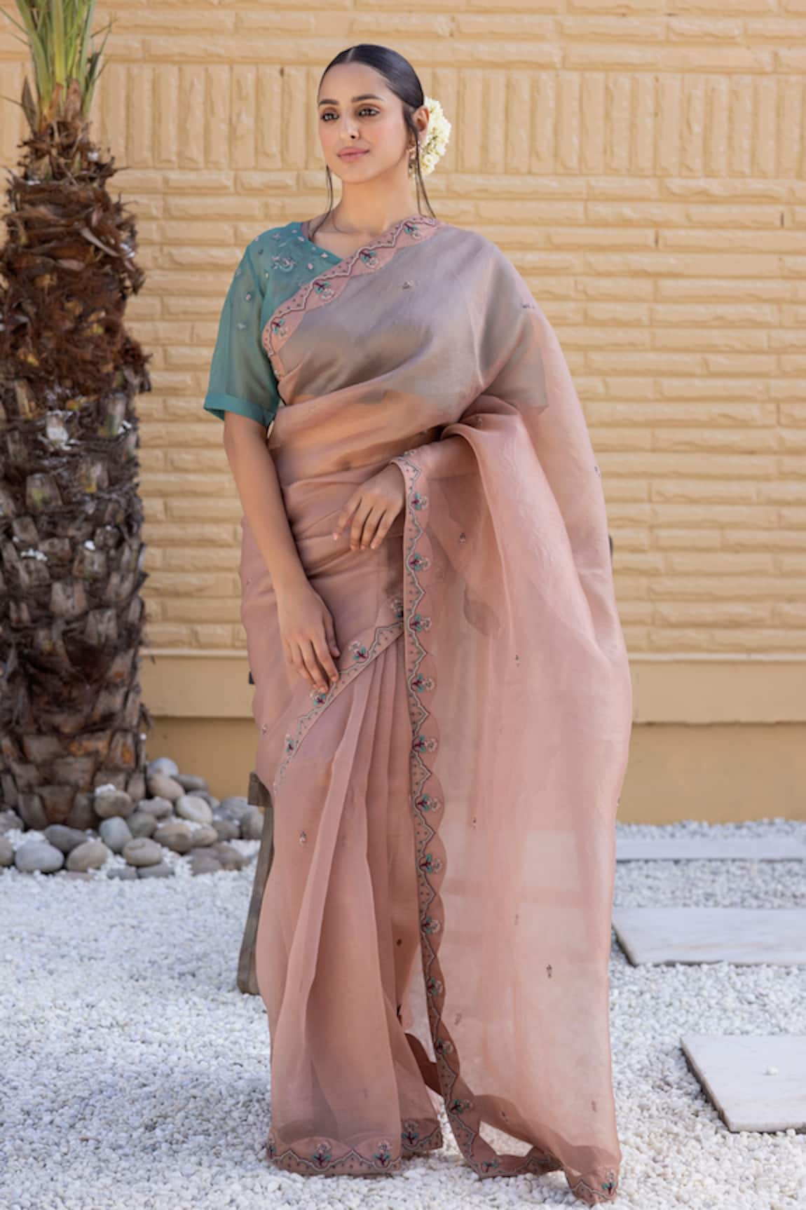 Janki India Rose Gold Organza Saree With Blouse 