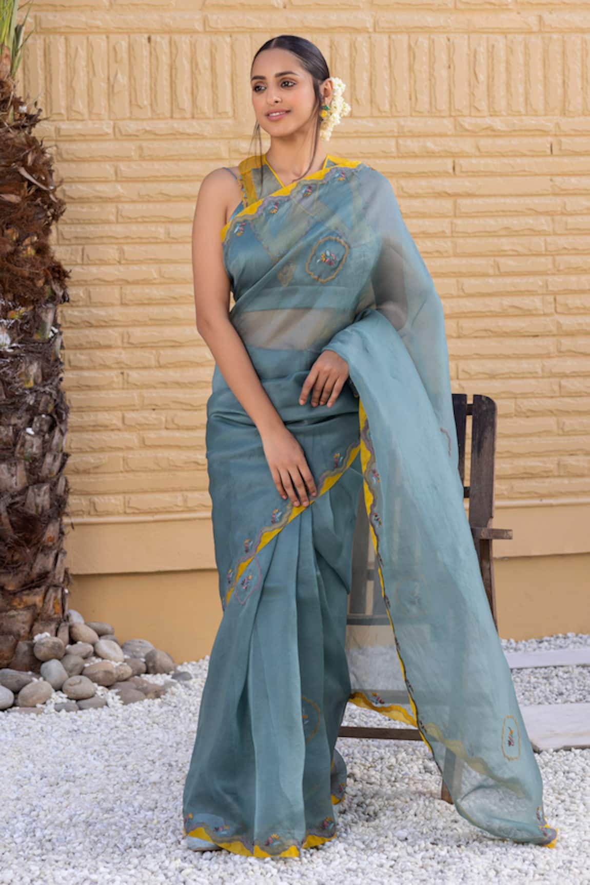 Janki India Teal Organza Saree With Blouse 