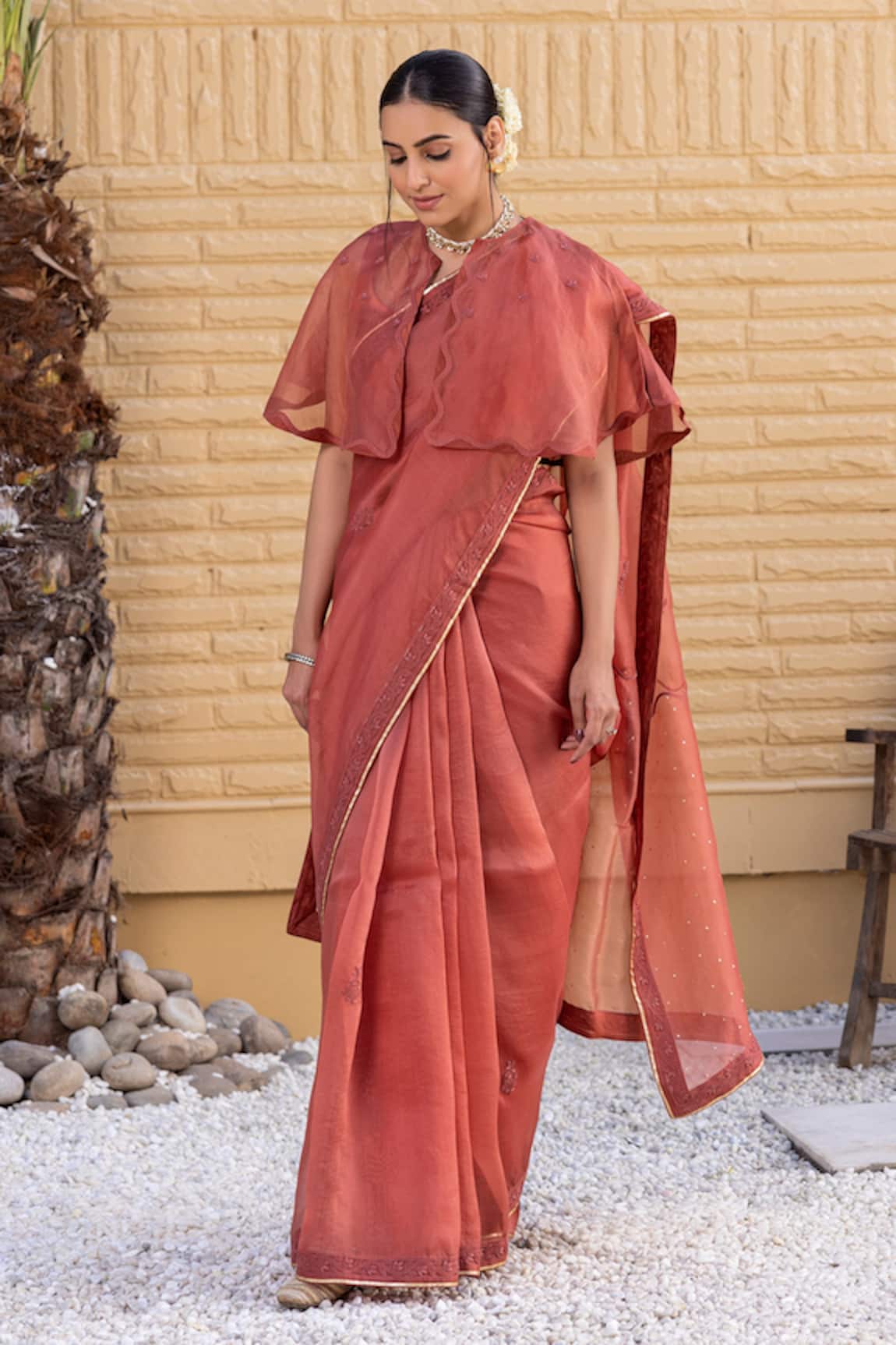 Janki India Rust Organza Saree With Blouse 