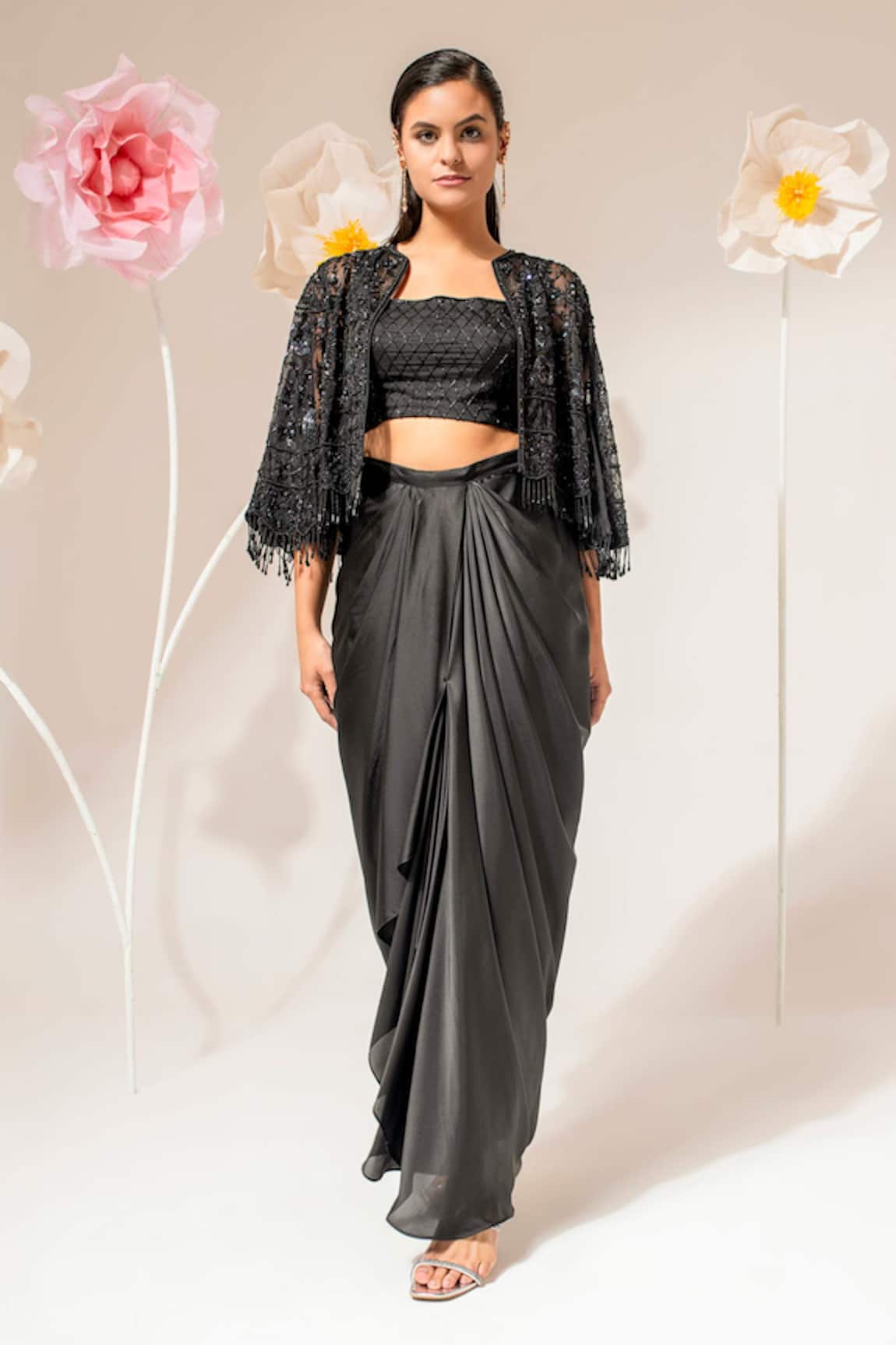 Akara Embroidered Cape Draped Skirt Set 