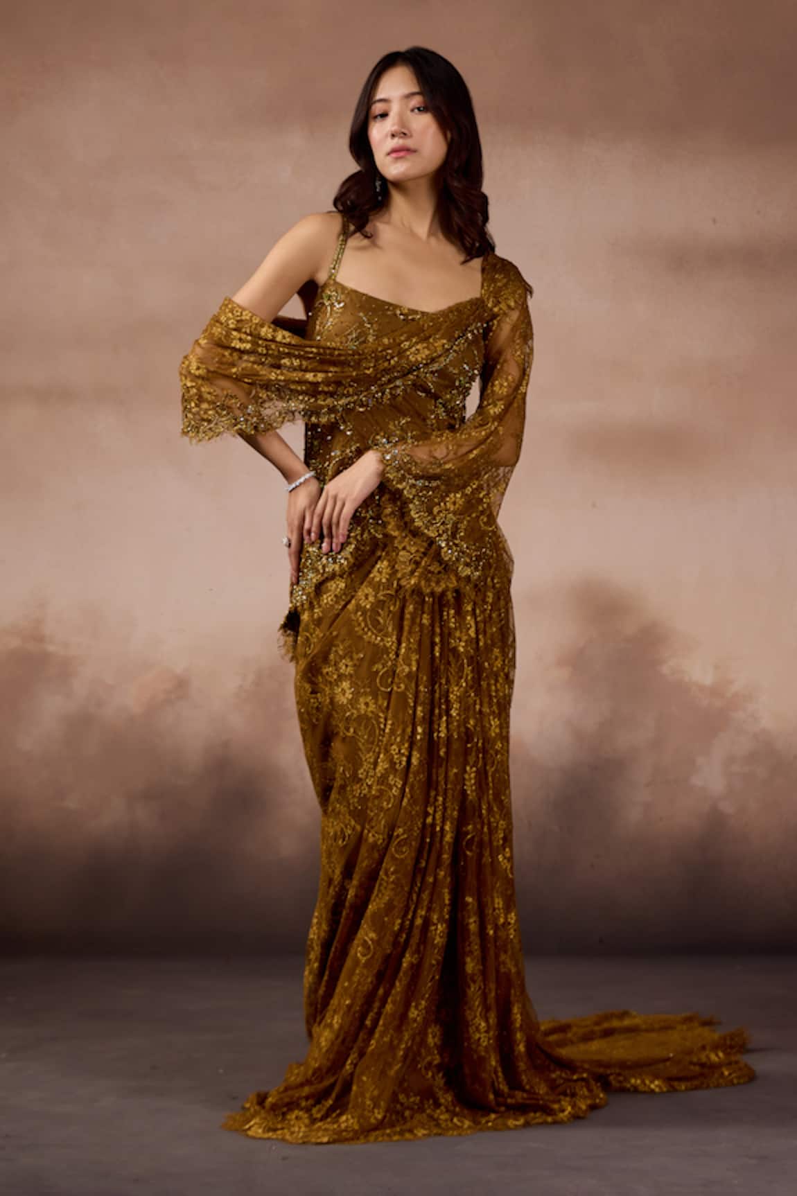 Falsa Hand Embroidered Dress With Draped Dupatta 