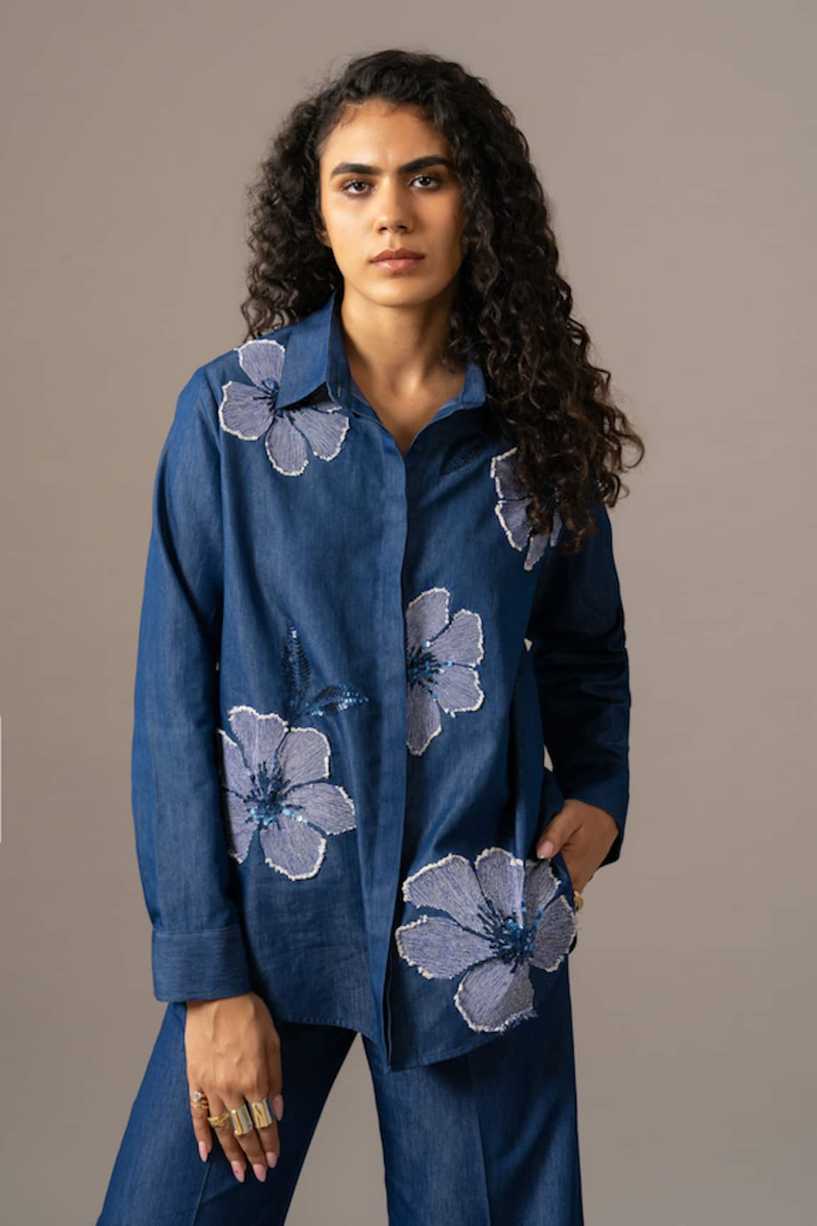 Namrata Joshipura Poppy Flower Embroidered Denim Shirt 