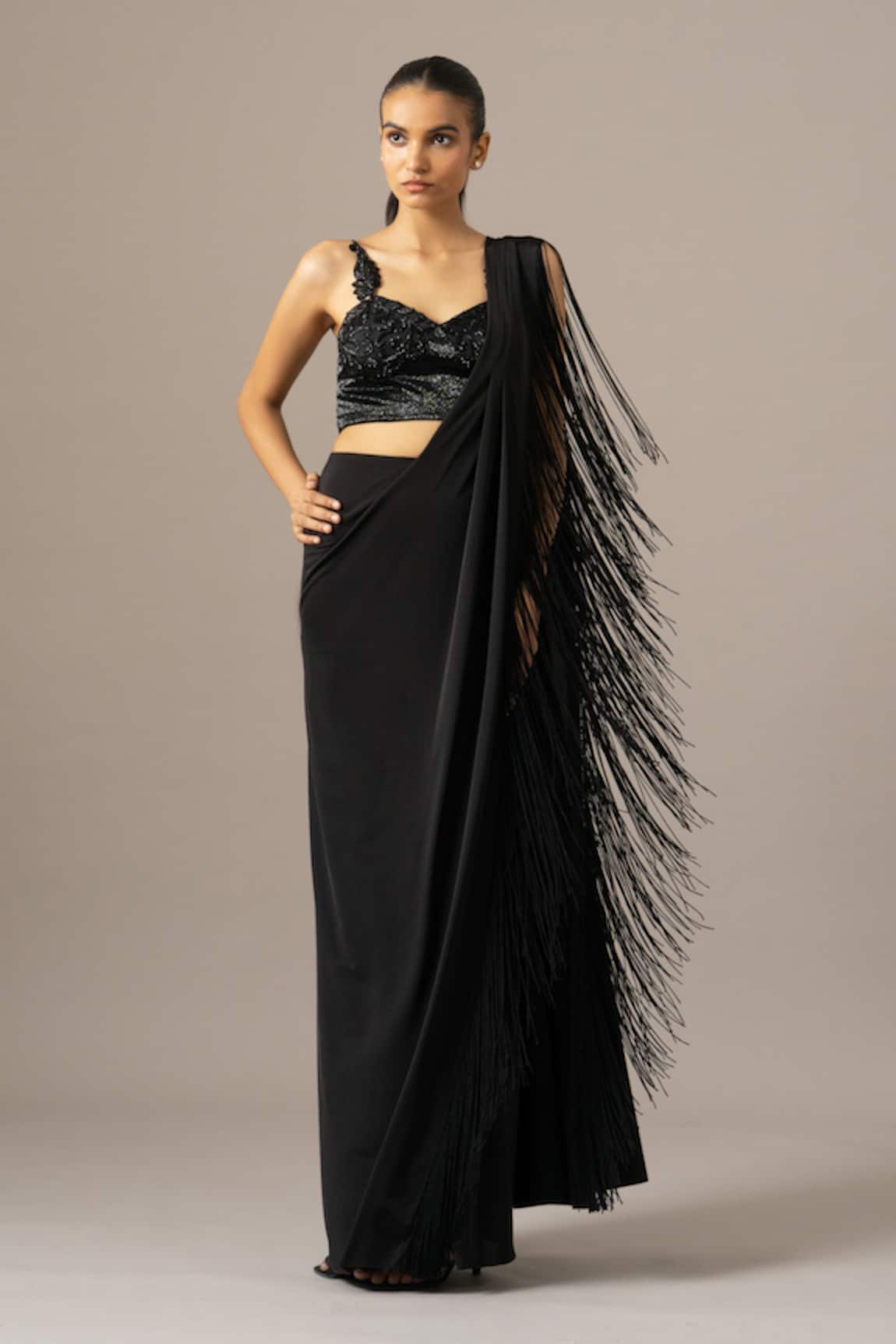 Namrata Joshipura Fringed Black Satin Jersey Pre-Draped Saree With Blouse 