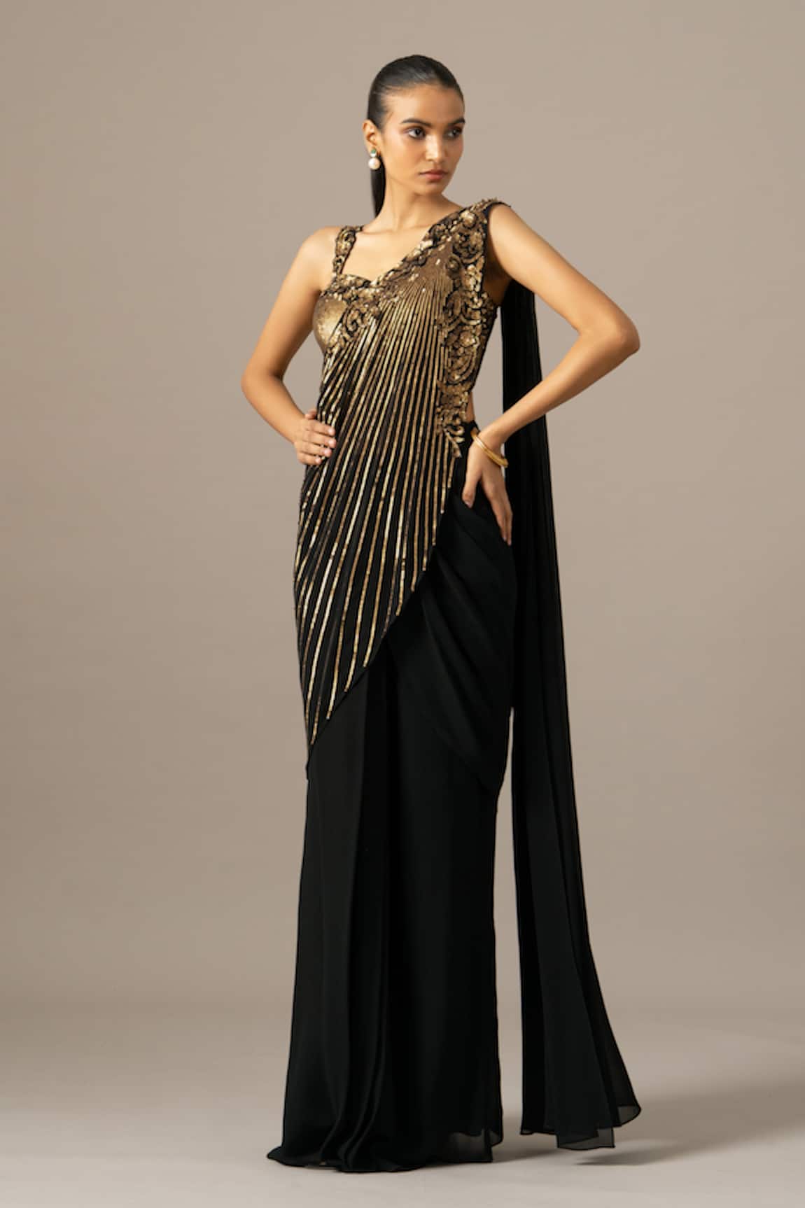 Namrata Joshipura Baroque Embroidered Black Pre-Draped Saree With Blouse 