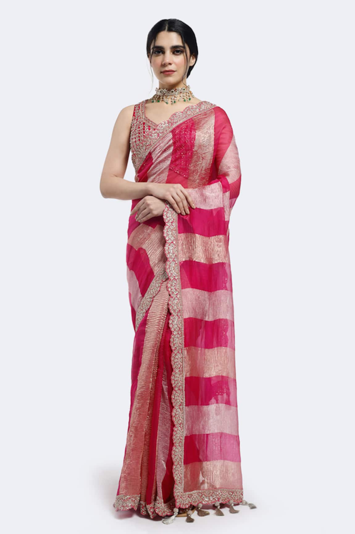 Onaya Color Block Saree & Embellished Blouse Set 