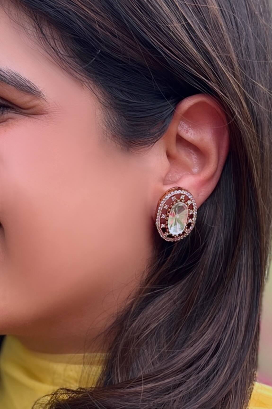 Prestones Gold Finish Polki Zircon Stud Earrings 
