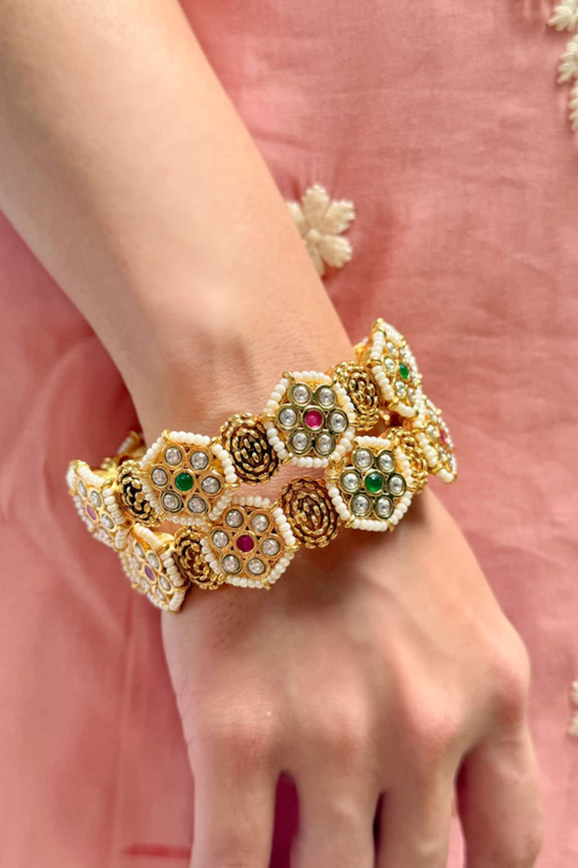Prestones Gold Finish Temple Pearl Bangle Set 