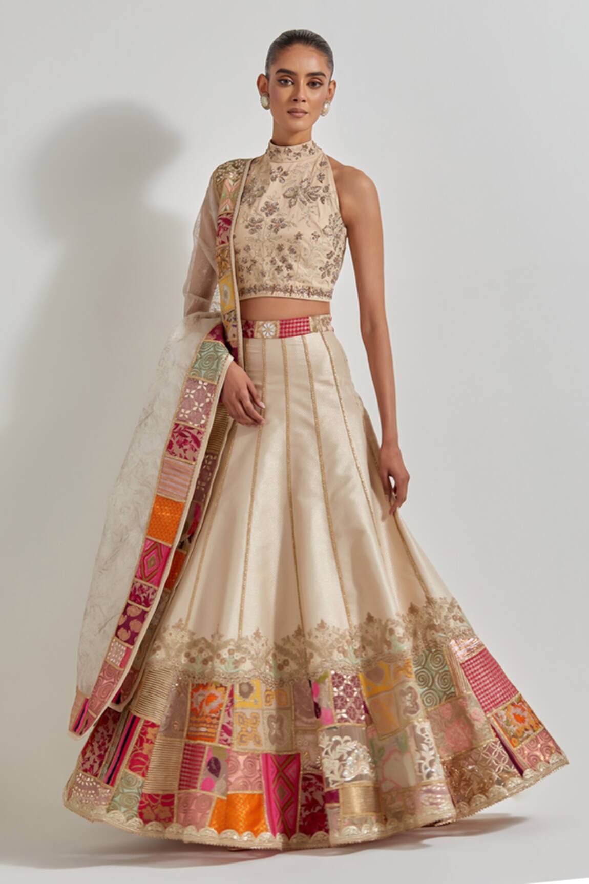 Kavita Bhartia Ivory Brocade Patch Work Lehenga Set 