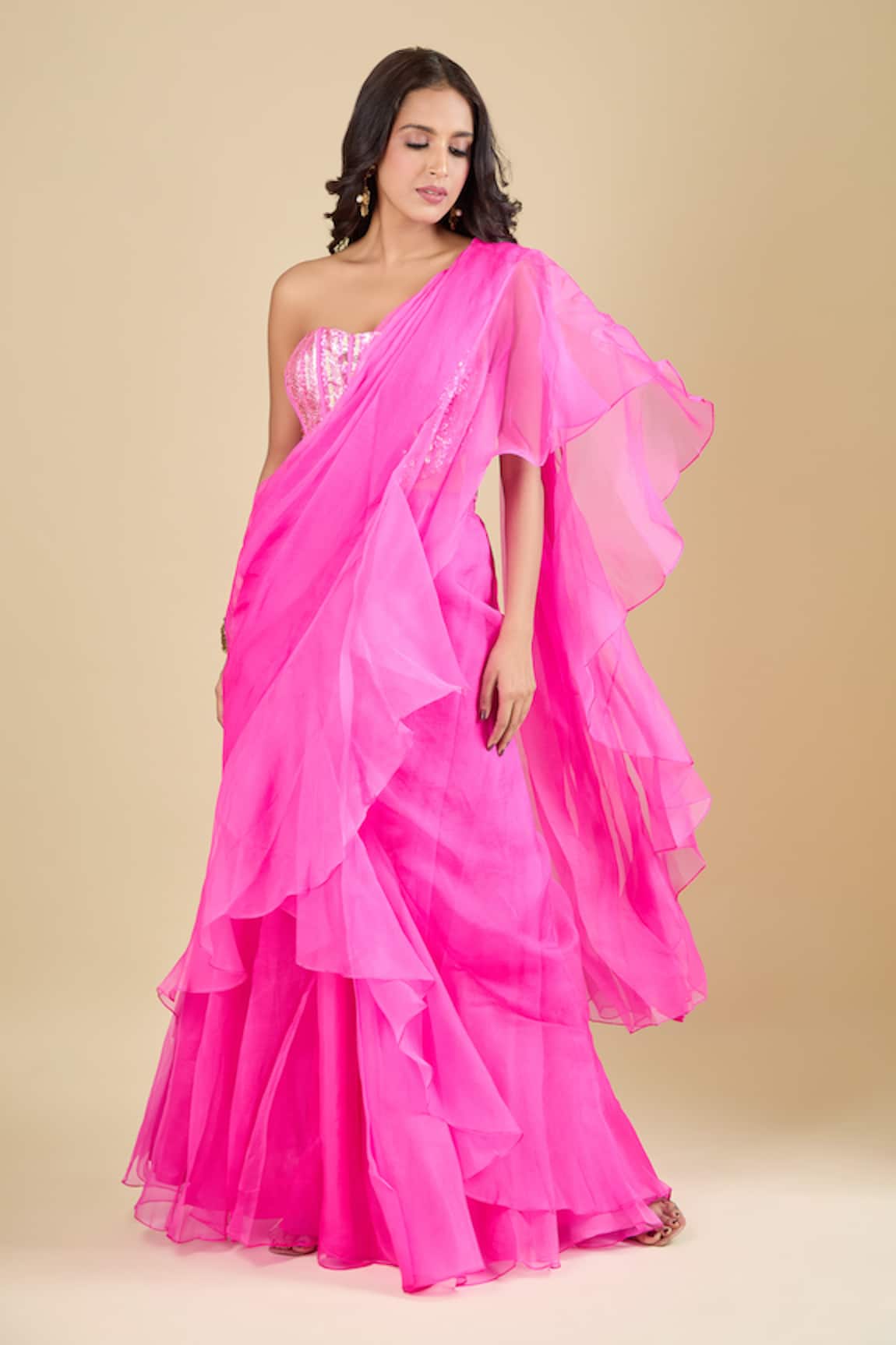 Archana Shah Pre-Draped Ruffle Saree With Sequins Corset 