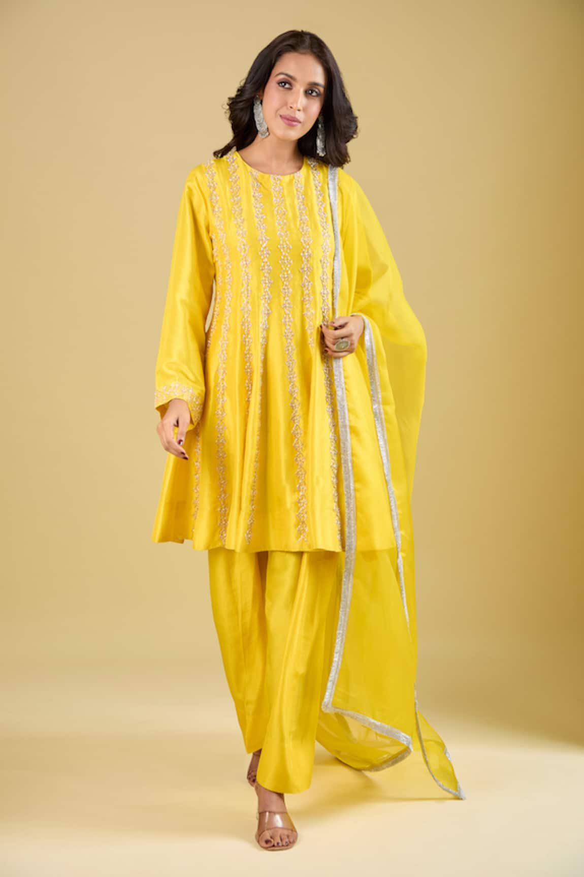 Archana Shah Striped Zari Embroidered Short Anarkali Set 