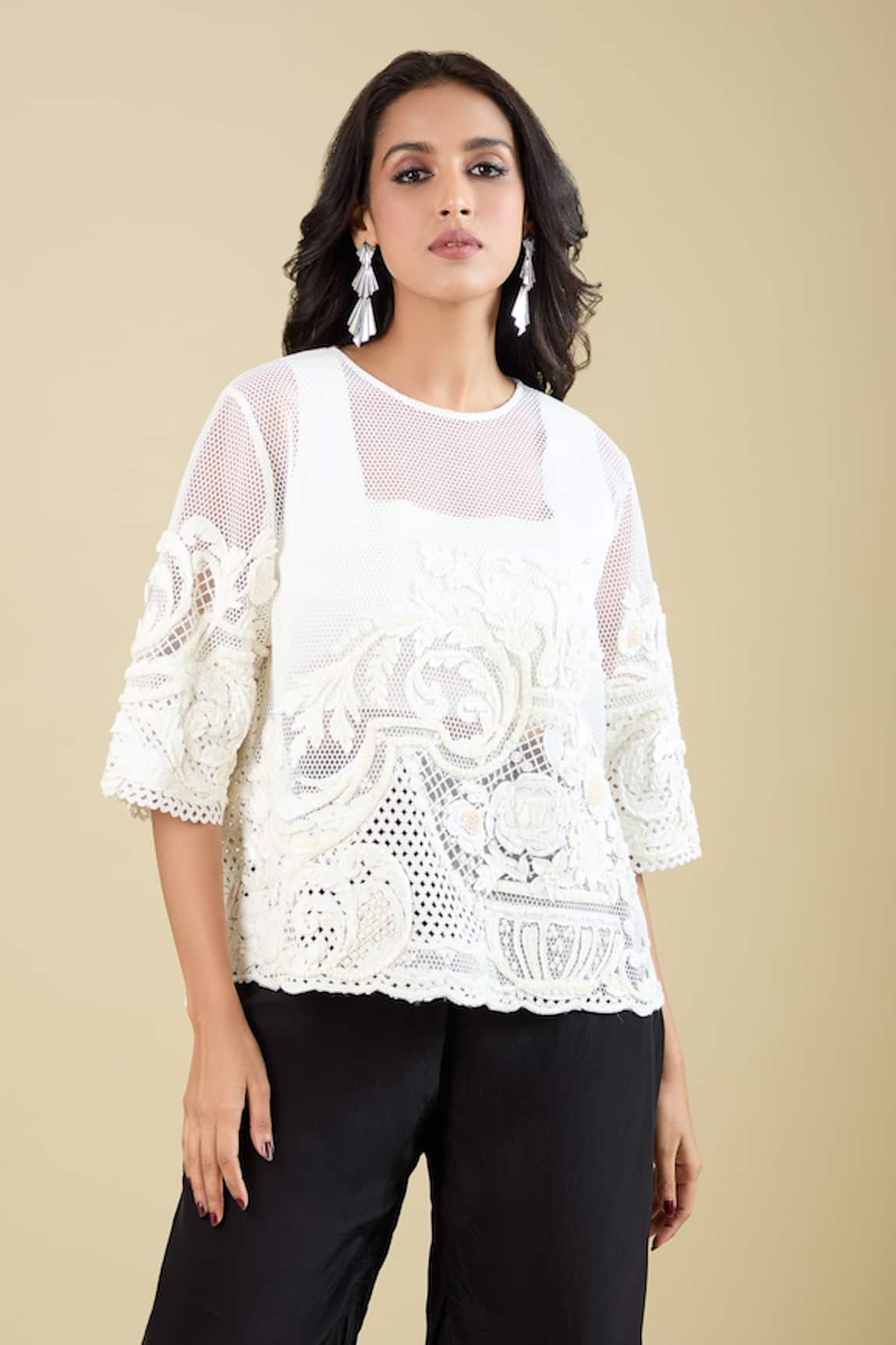 Pankaj & Nidhi Arlette Embroidered Sheer Top 