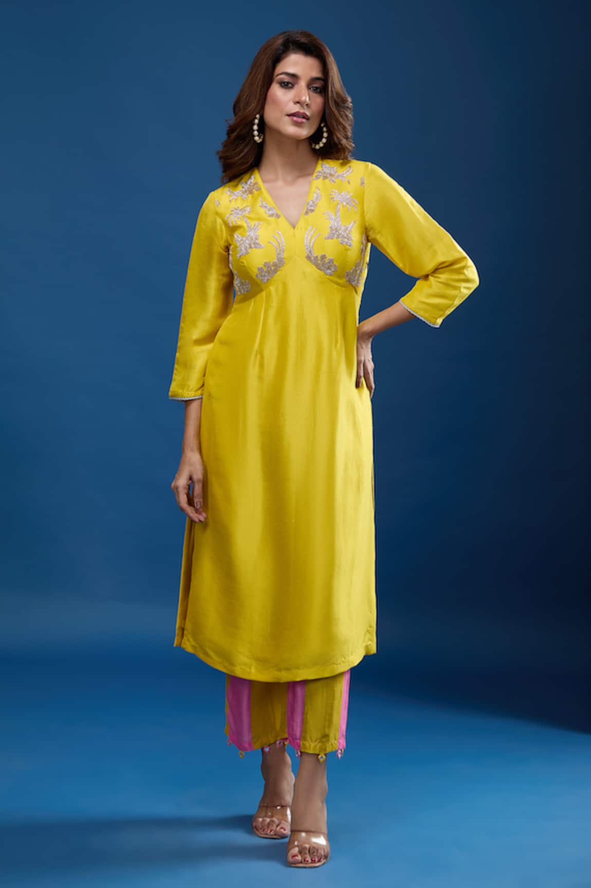 Archana Shah Embroidered Yoke Kurta & Striped Pant Set 
