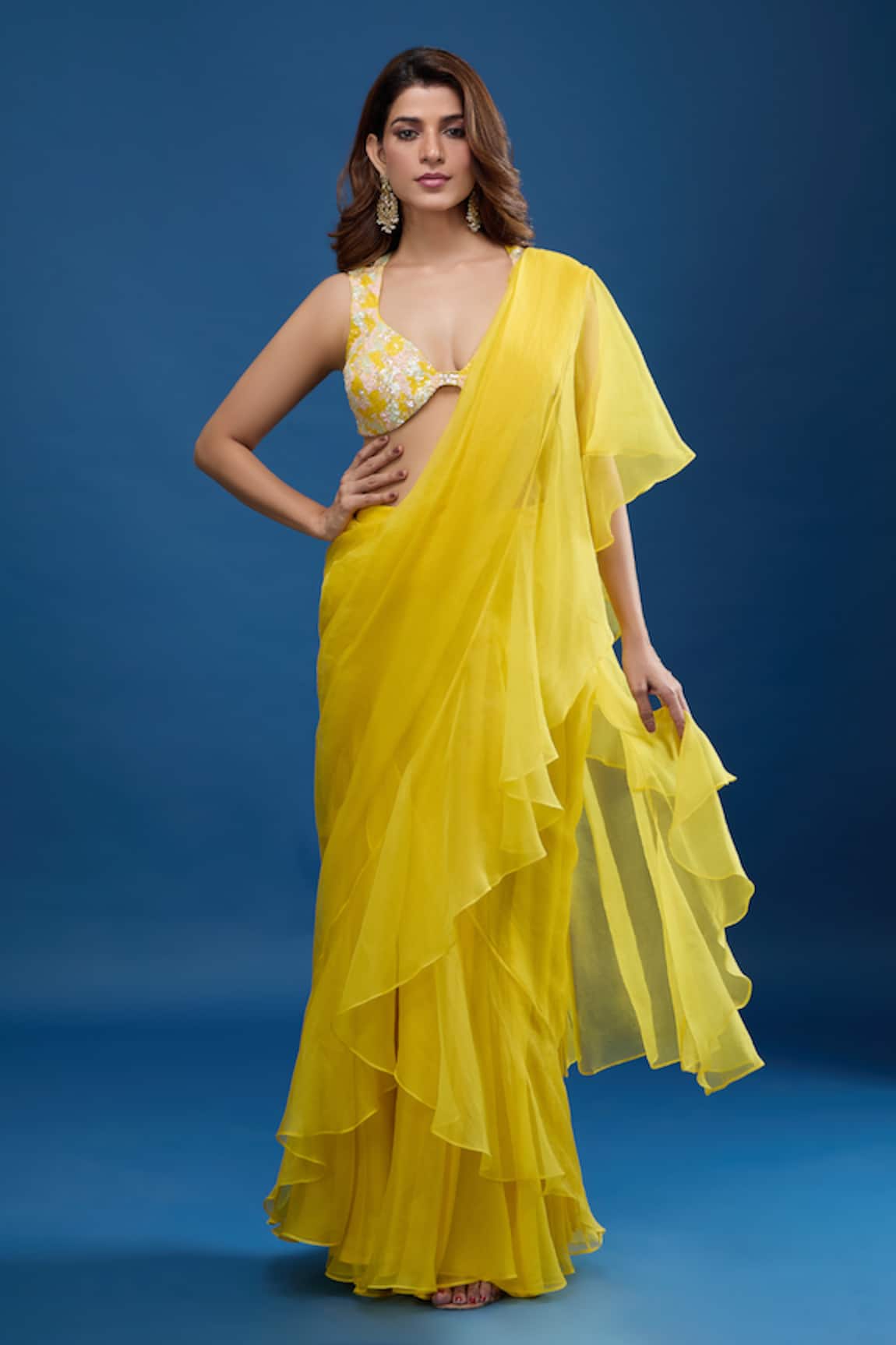 Archana Shah Ruffle Palla Pre-Draped Saree With Bustier 