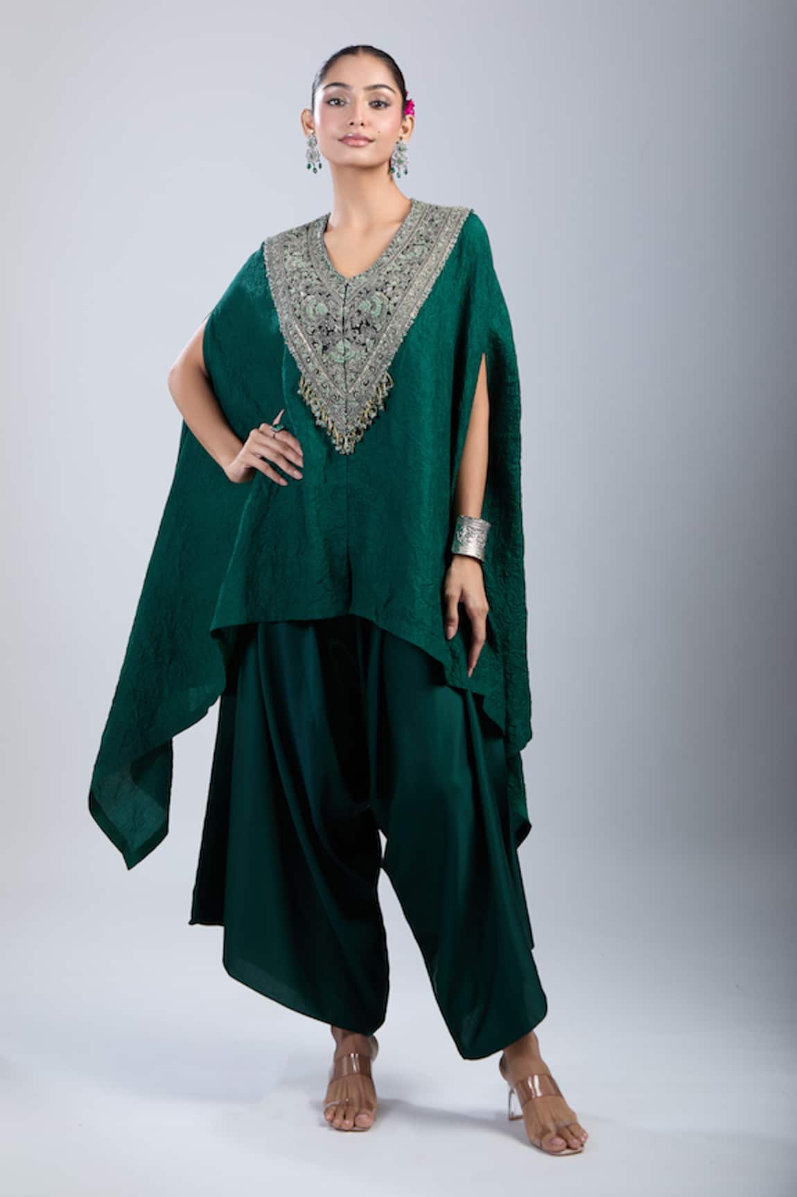 Prisho V Neck Embroidered Kaftan & Pant Set 