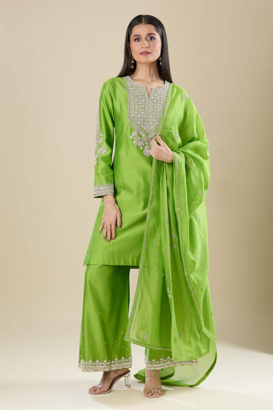 Matsya Lime Green Silk Kurta Pant Set 