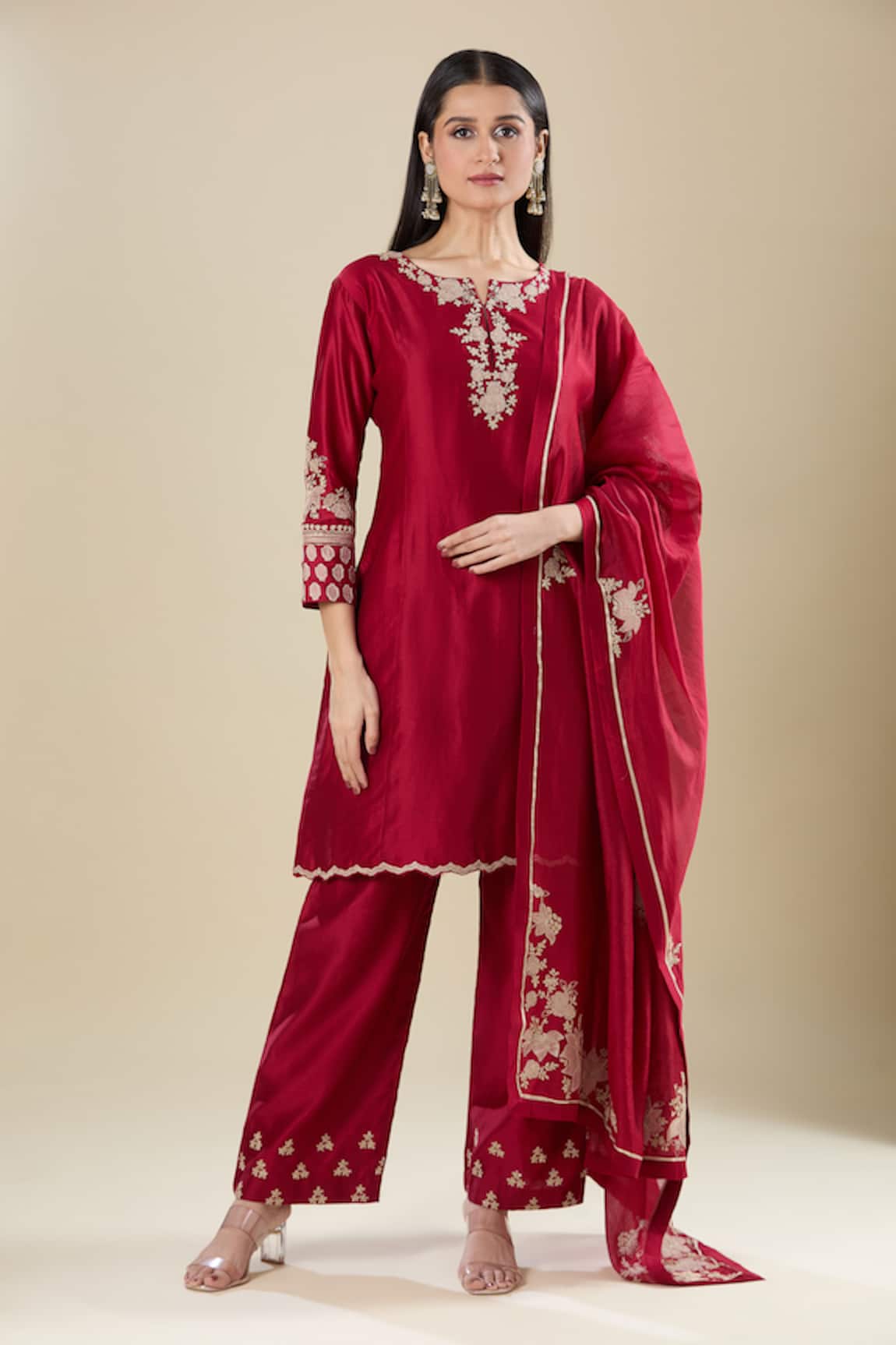 Matsya Red Silk Kurta Pant Set 