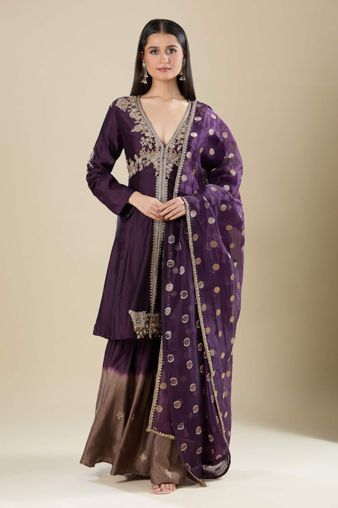 Matsya Purple Silk Kalidar Kurta Sharara Set 