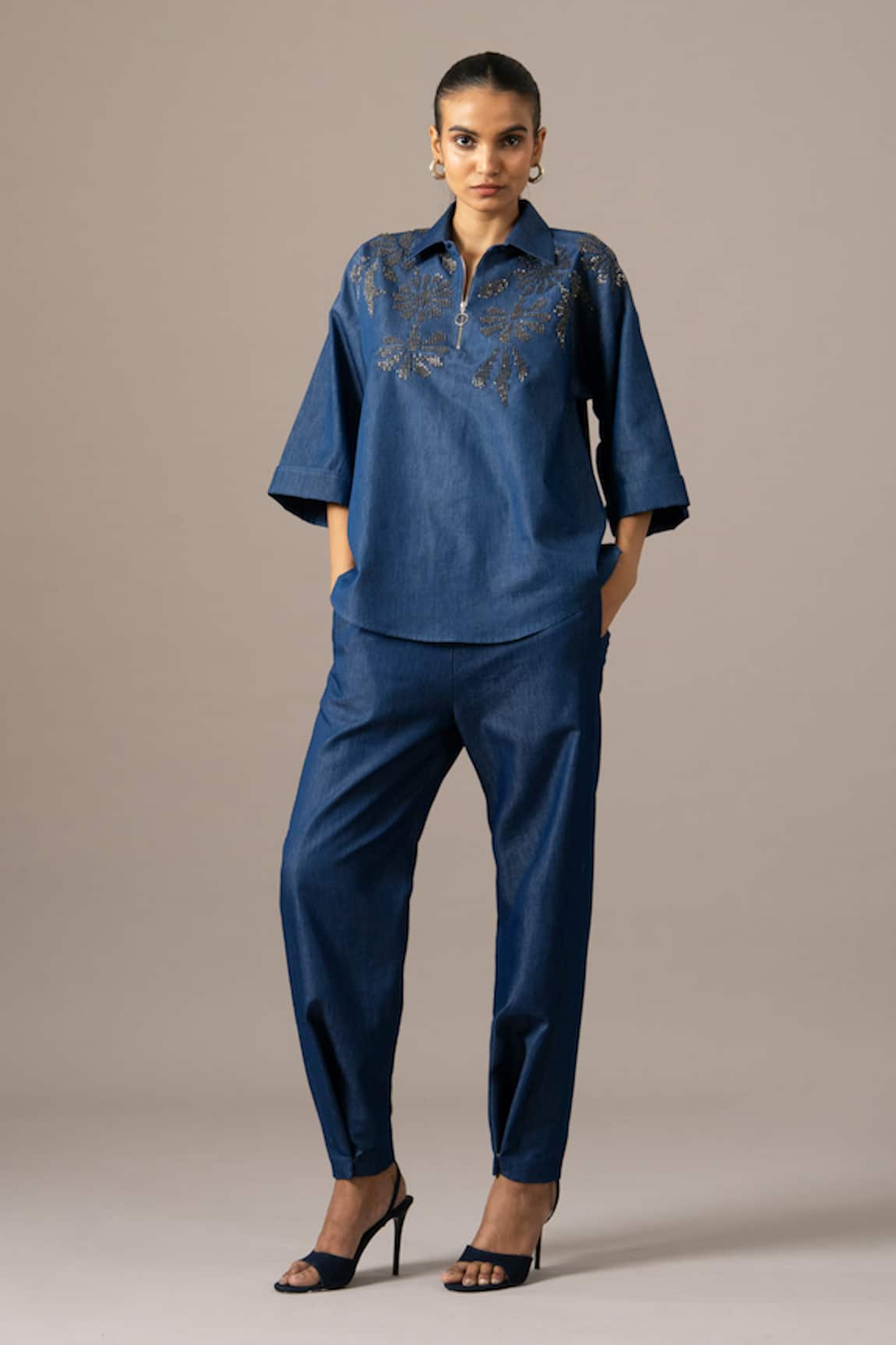 Namrata Joshipura Grace Zipper Denim Top & Pant Set 