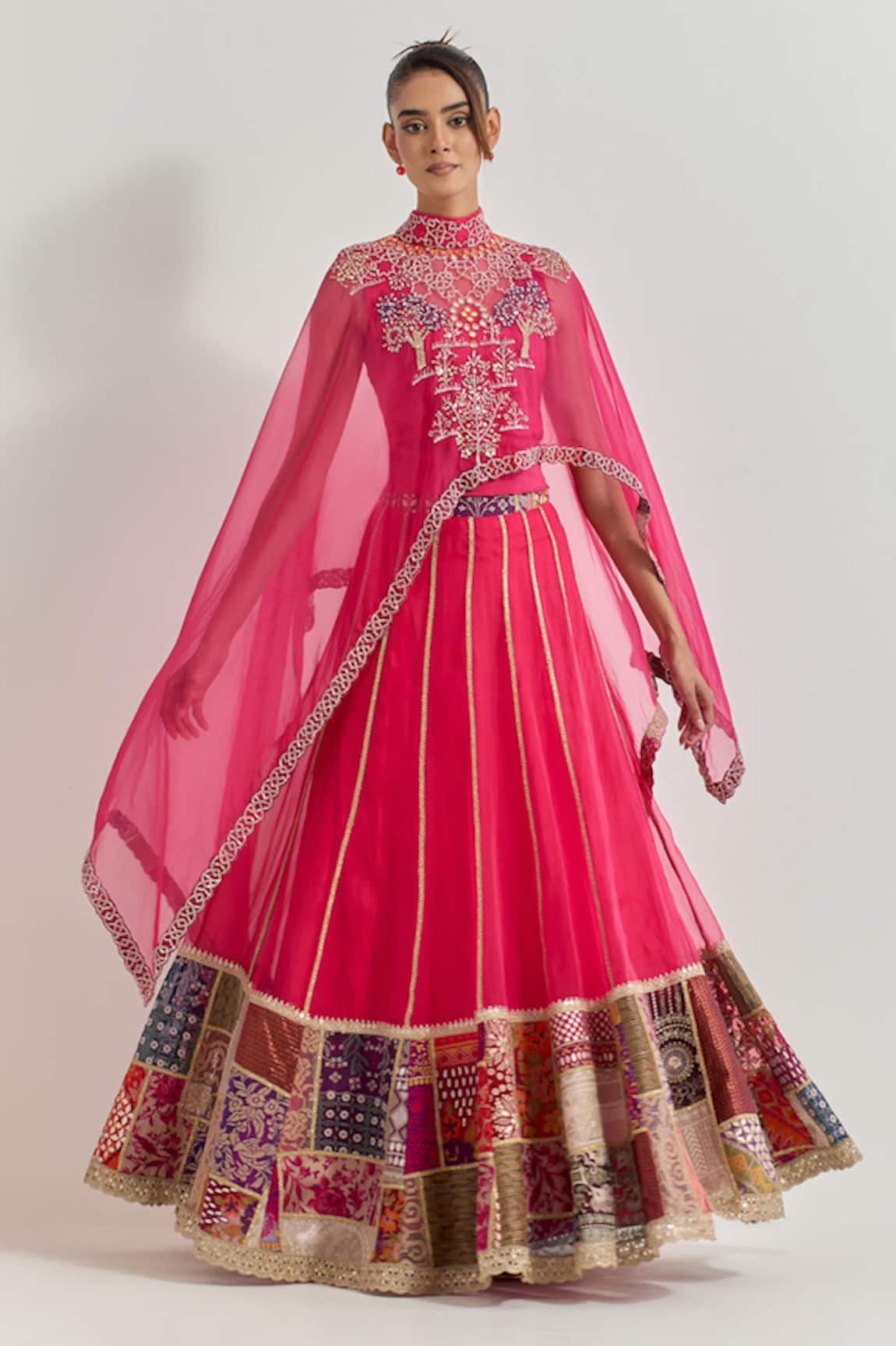 Kavita Bhartia Fuchsia Organza Cape Lehenga Set 