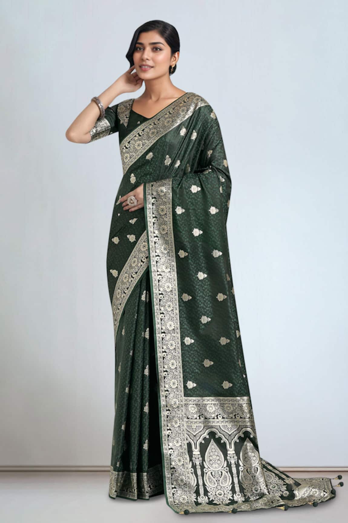 Samyukta Singhania Dark Green Zari Woven Banarasi Saree With Blouse