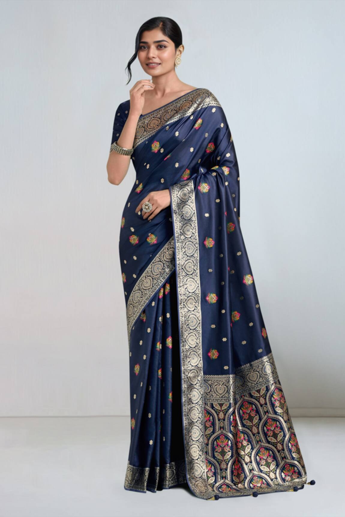 Samyukta Singhania Dark Blue Zari Woven Banarasi Saree With Blouse 