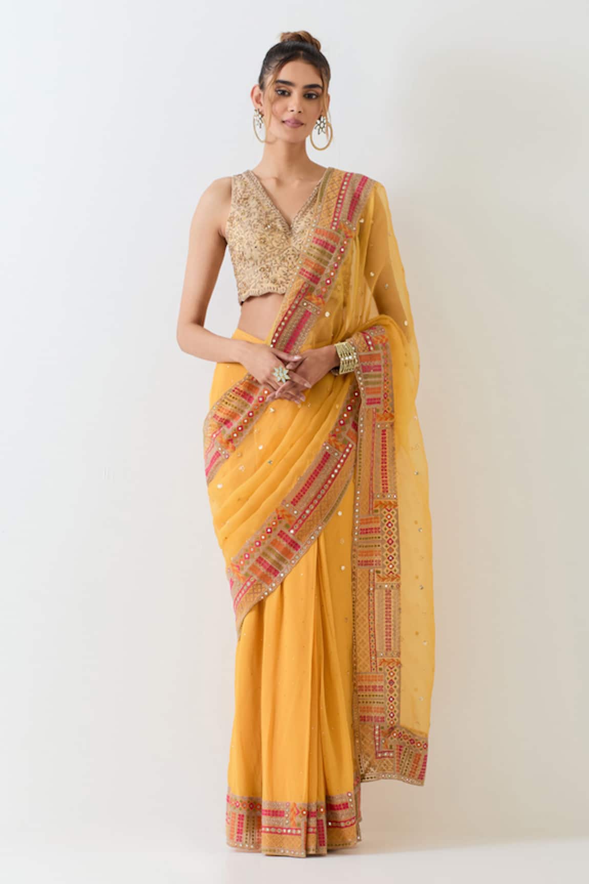 Kavita Bhartia Mustard Yellow Georgette Saree With Blouse 