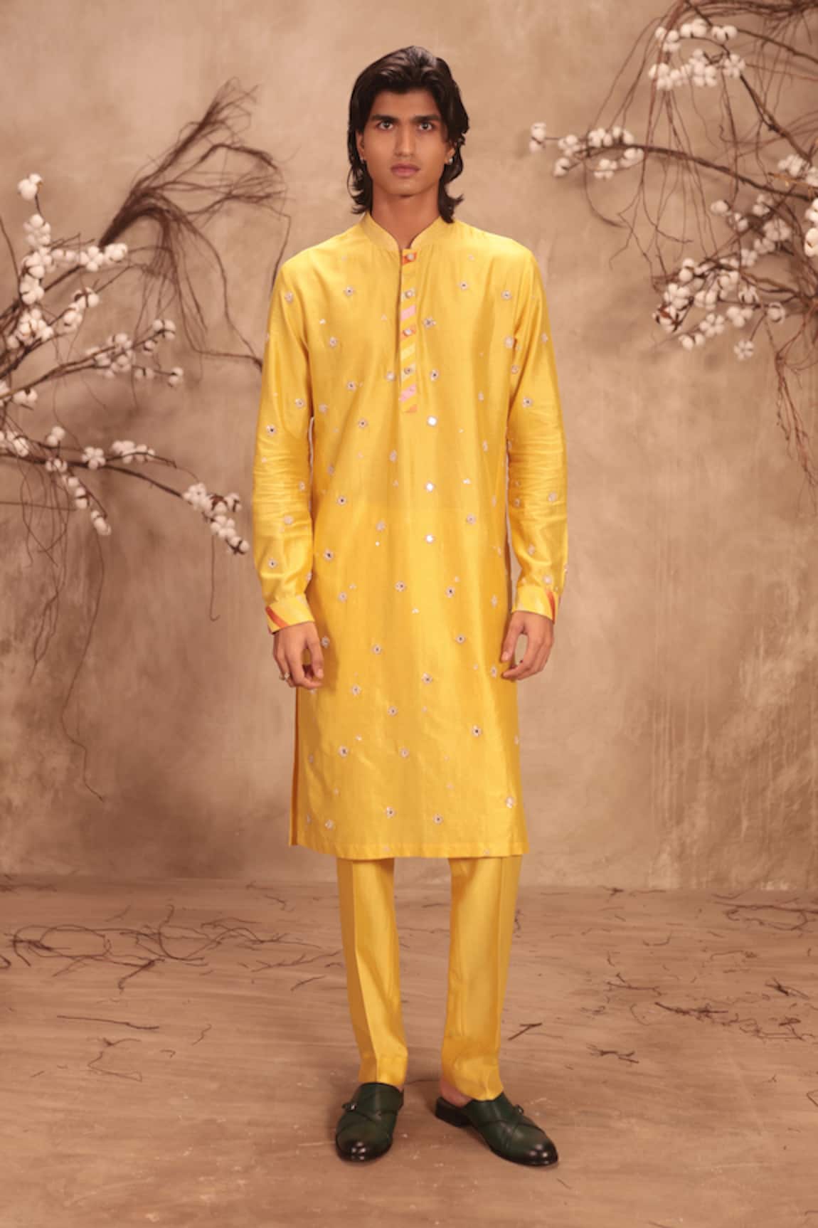 Label Niti Bothra Nazakat Yellow Applique Placket Mirror Work Kurta Set 