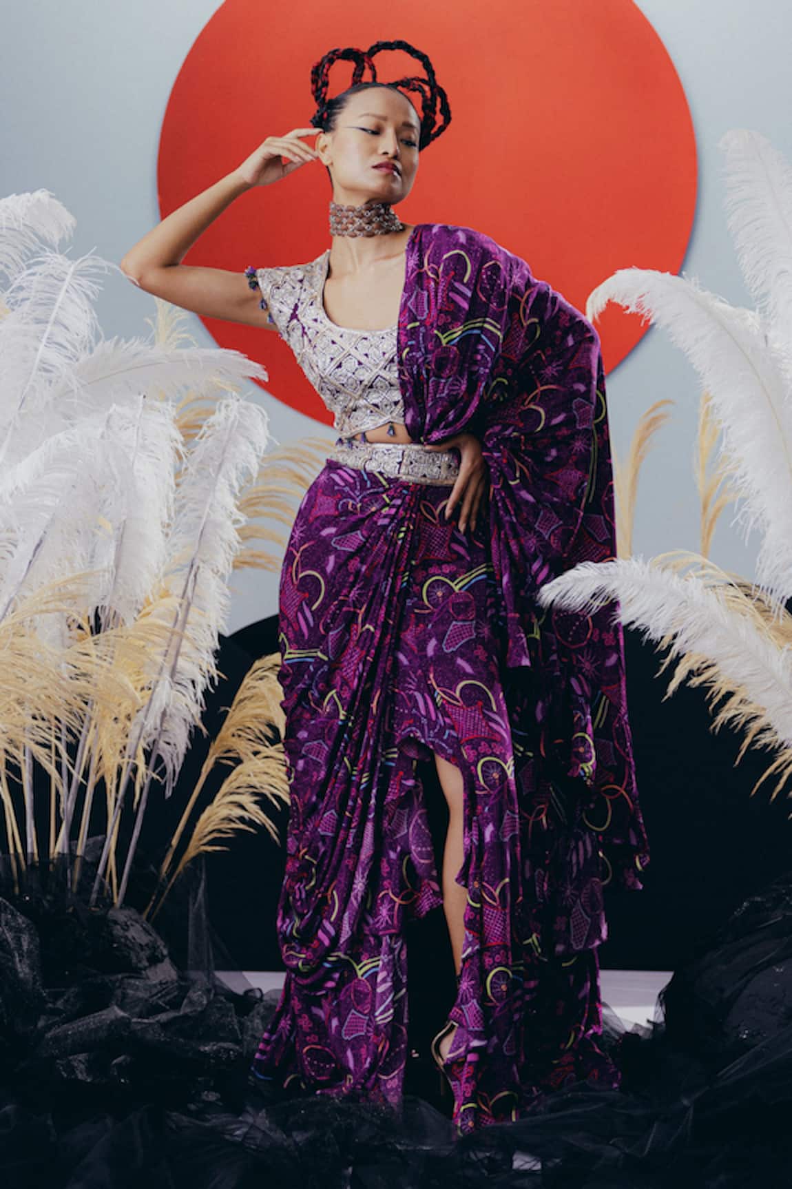 Krisha Sunny Ramani Sequined Purple Pre-Draped Saree Set 