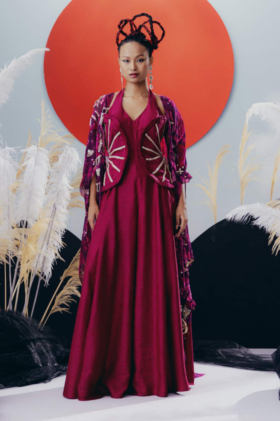 Krisha Sunny Ramani Magenta Sequined Jumpsuit & Cape Set 