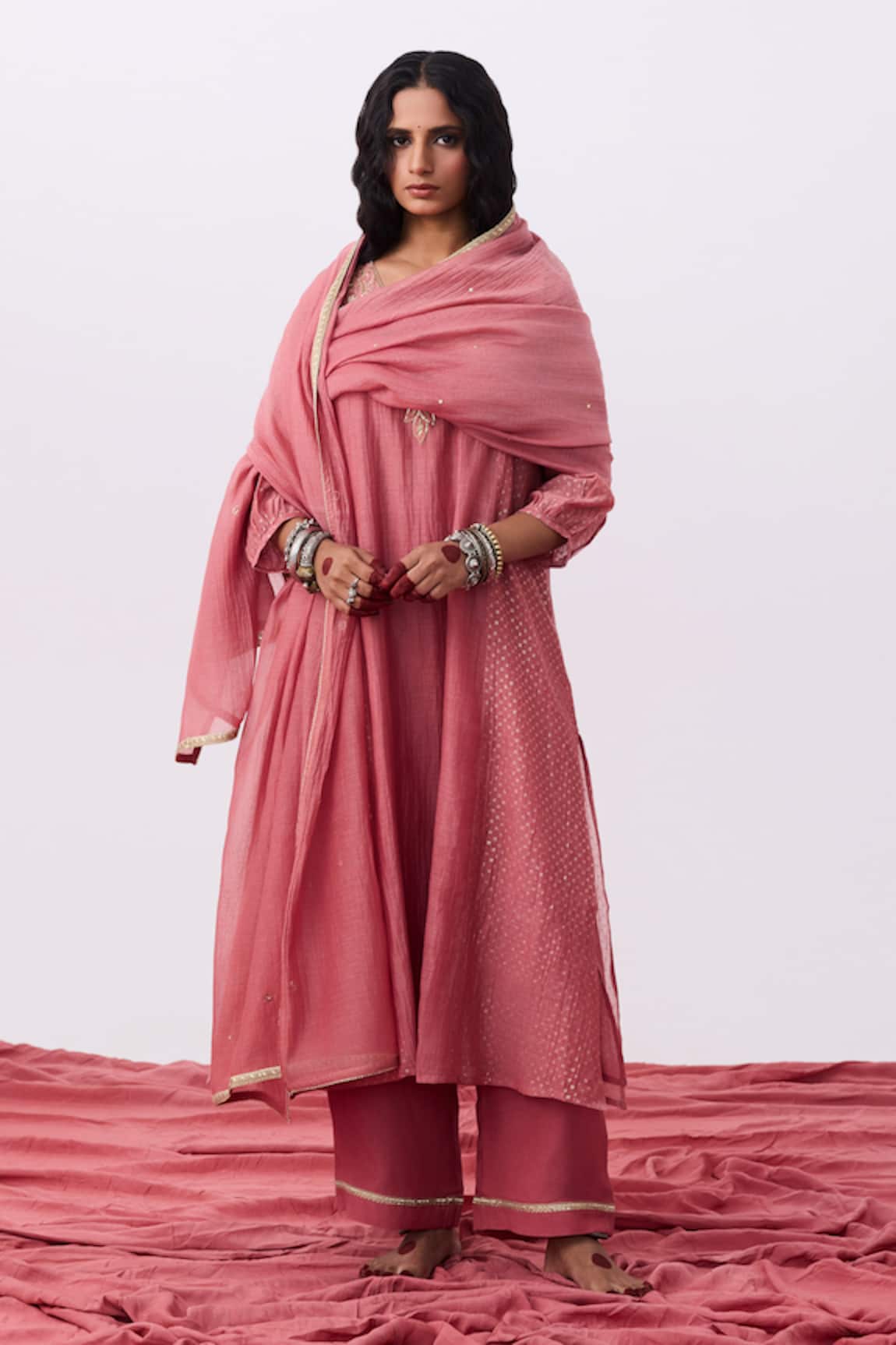 Pants And Pajamas Embroidered Pink Kurta Pant Set 