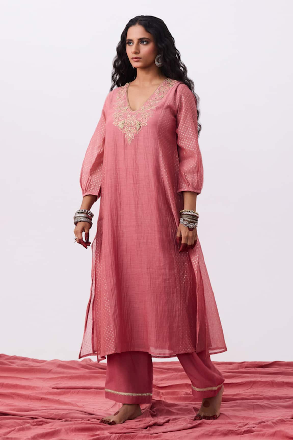 Pants And Pajamas Embroidered Pink Kurta & Pant Set 