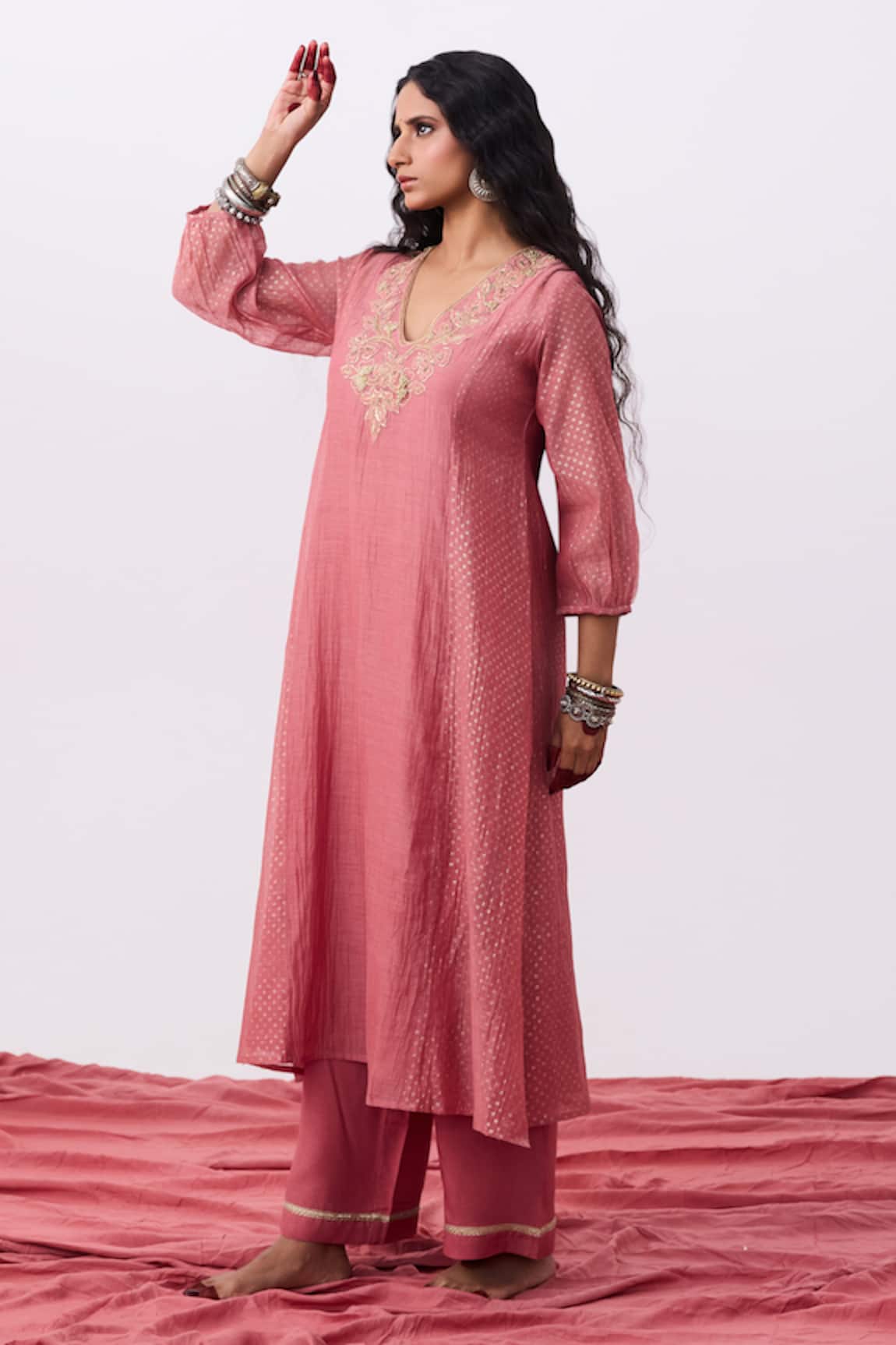Pants And Pajamas Embroidered Pink Kurta 