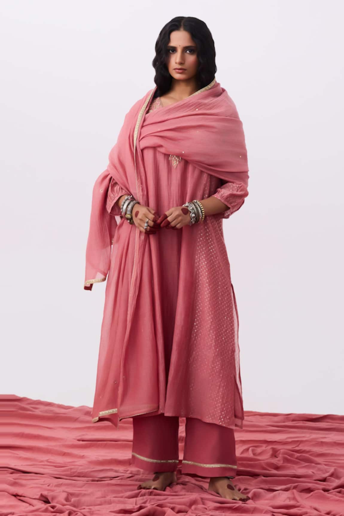 Pants And Pajamas Embroidered Pink Chanderi Dupatta 