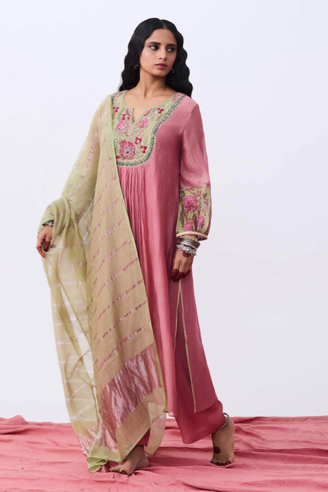 Pants And Pajamas Embroidered Pink Kurta Set 