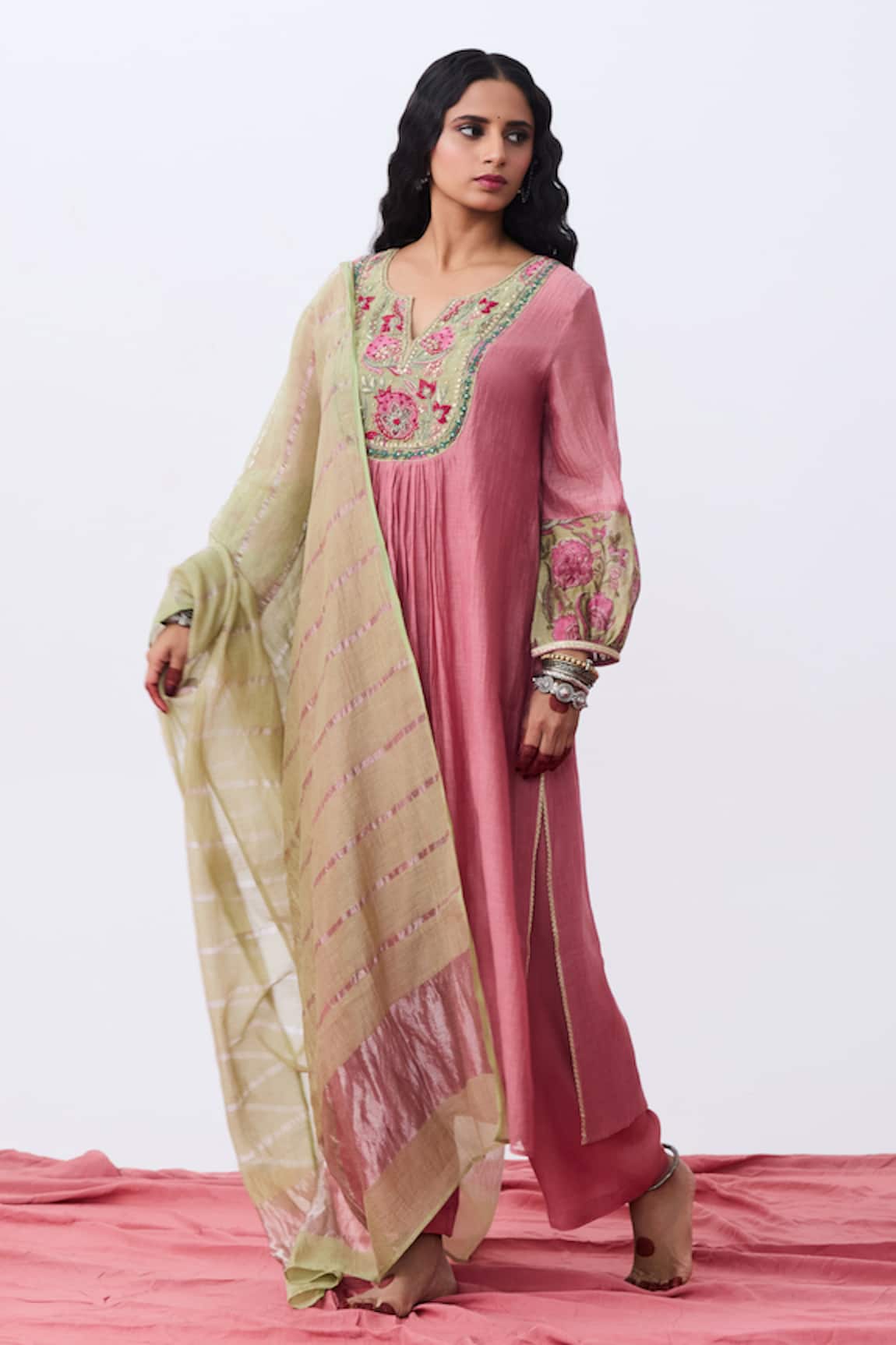 Pants And Pajamas Embroidered Pink Kurta & Pant Set 