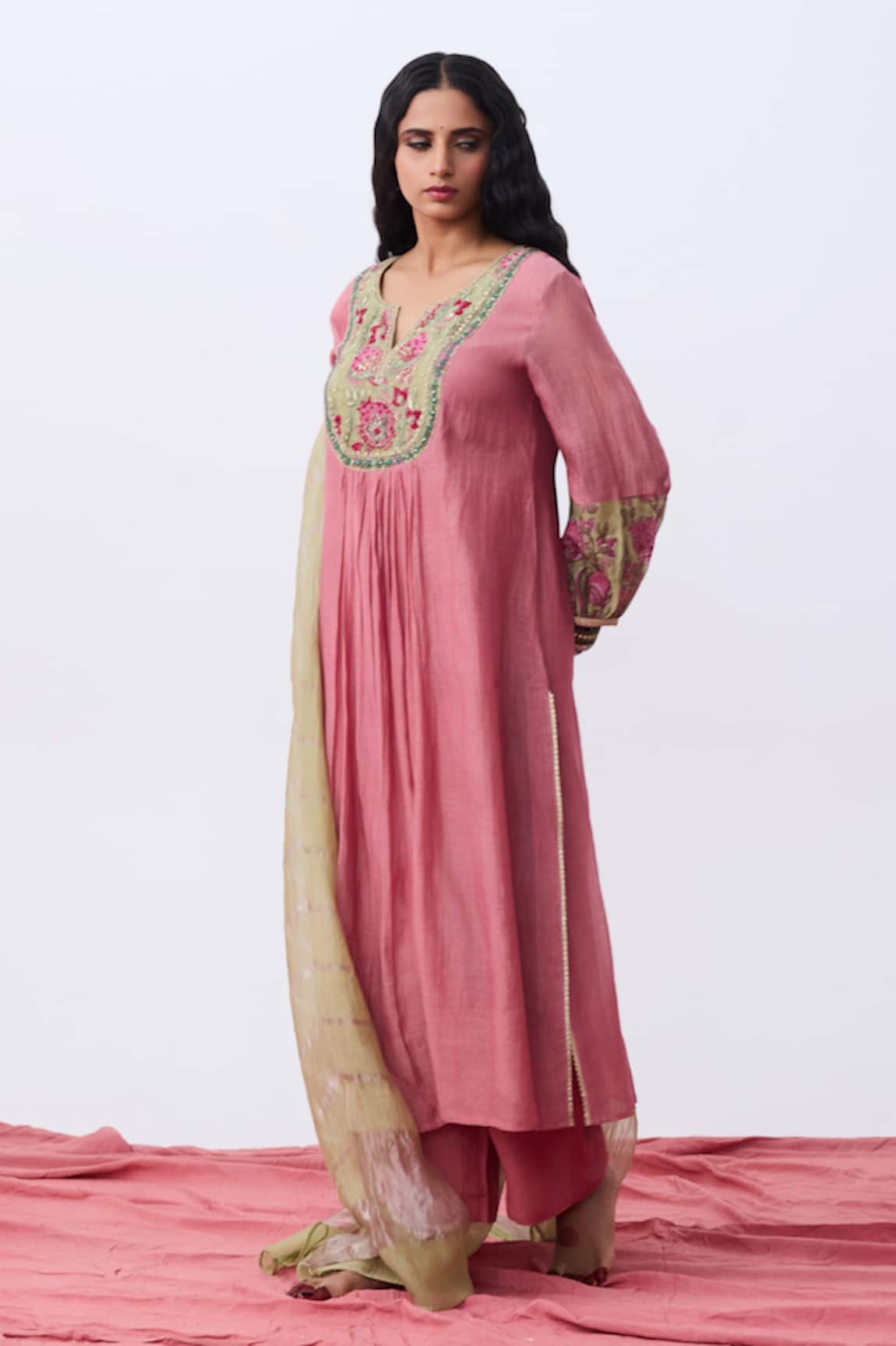 Pants And Pajamas Pink Chanderi Embroidered Kurta 