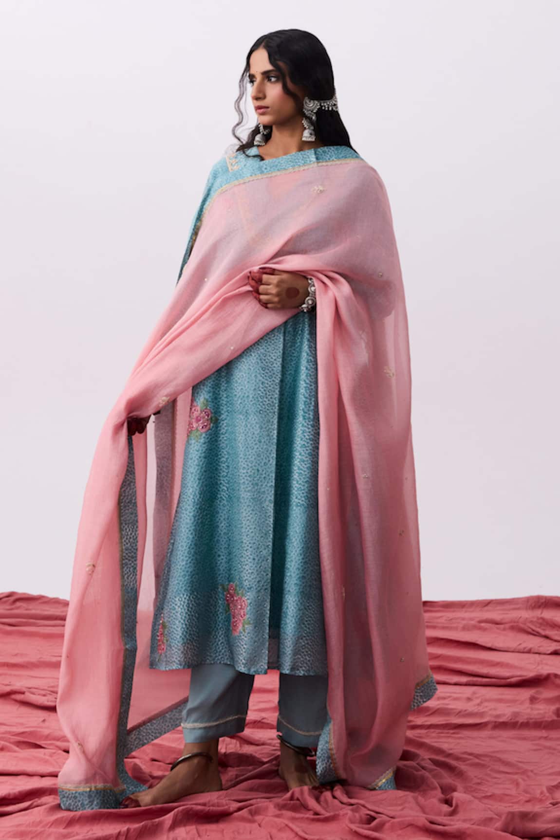 Pants And Pajamas Blue Embroidered Kurta Pant Set 