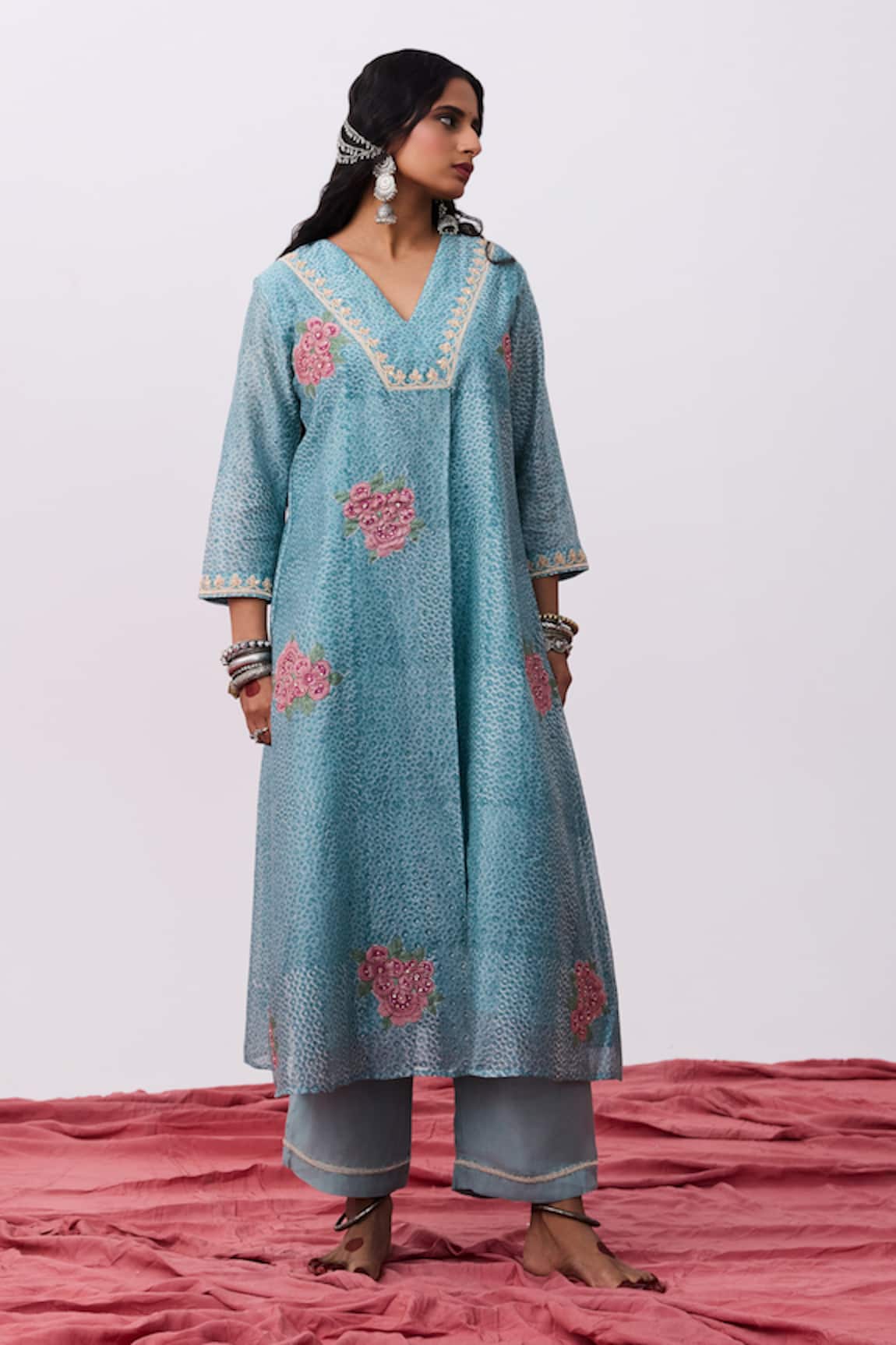 Pants And Pajamas Embroidered Blue Chanderi Kurta 