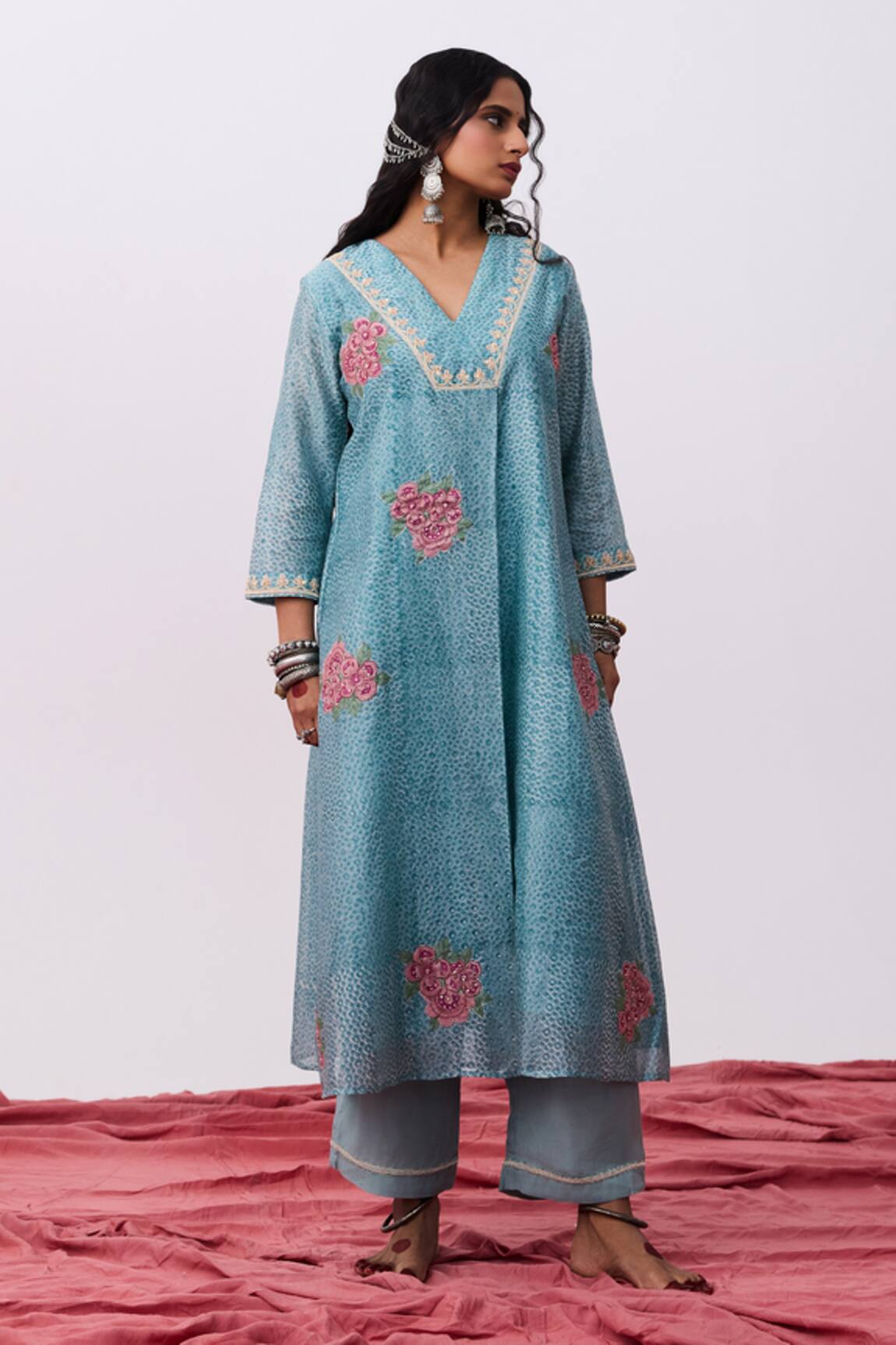 Pants And Pajamas Blue Floral Embroidered Pant 