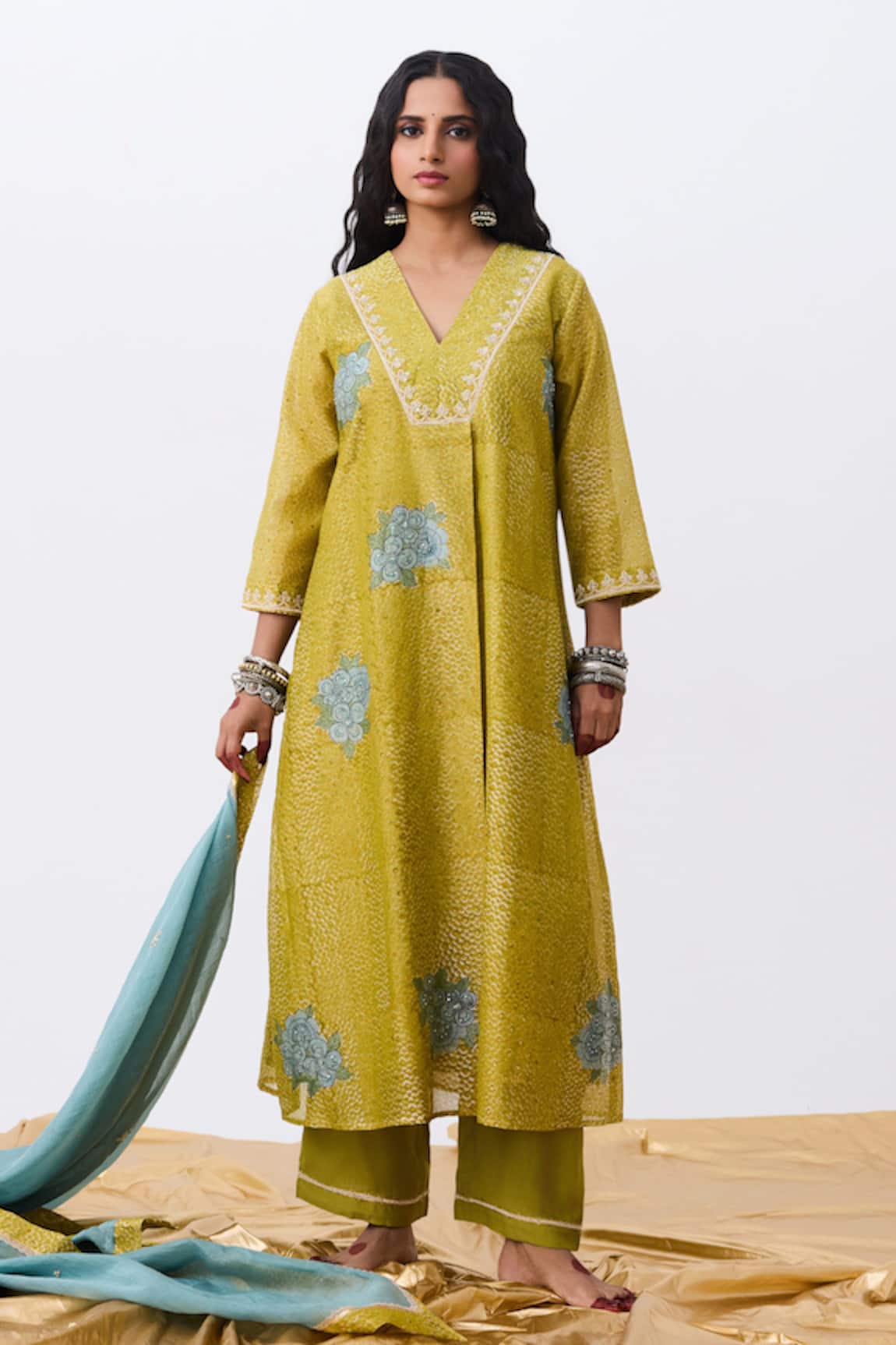 Pants And Pajamas Green Cotton Silk Kurta Pant Set 