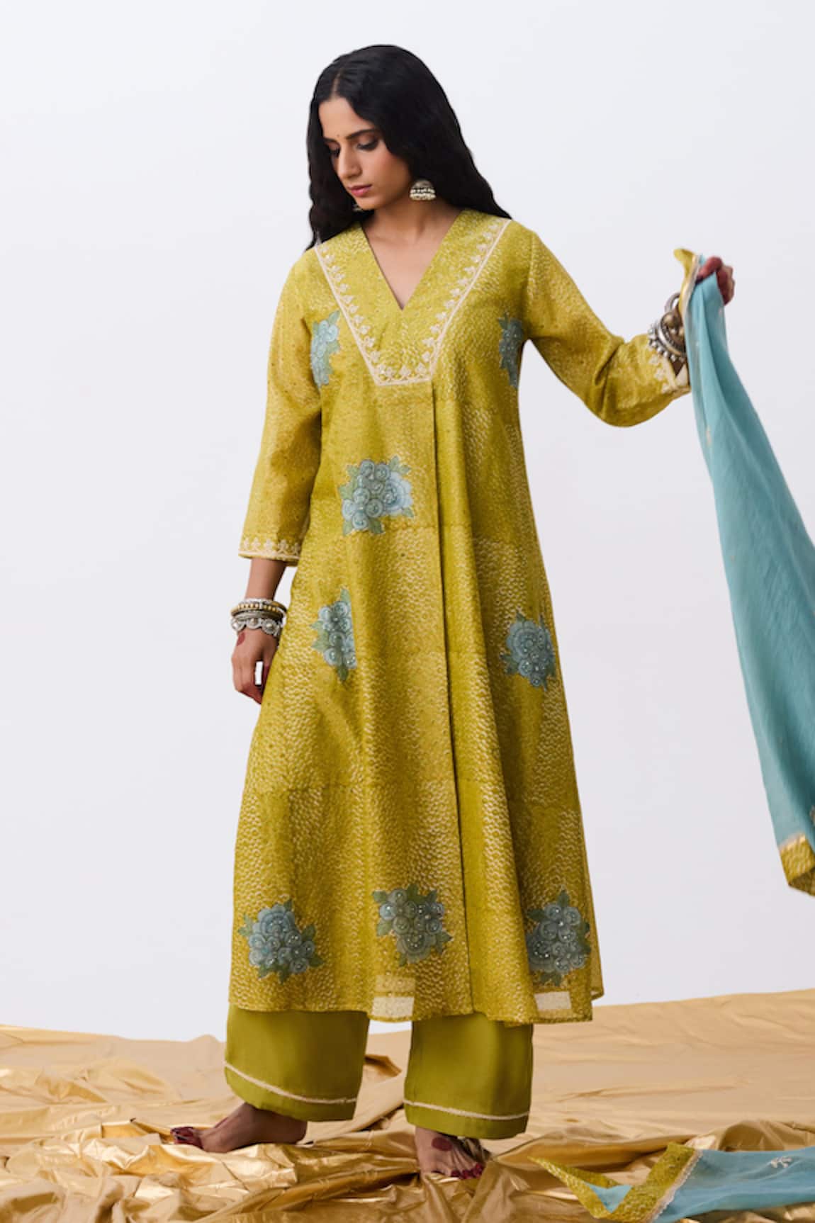 Pants And Pajamas Chanderi Embroidered Kurta 
